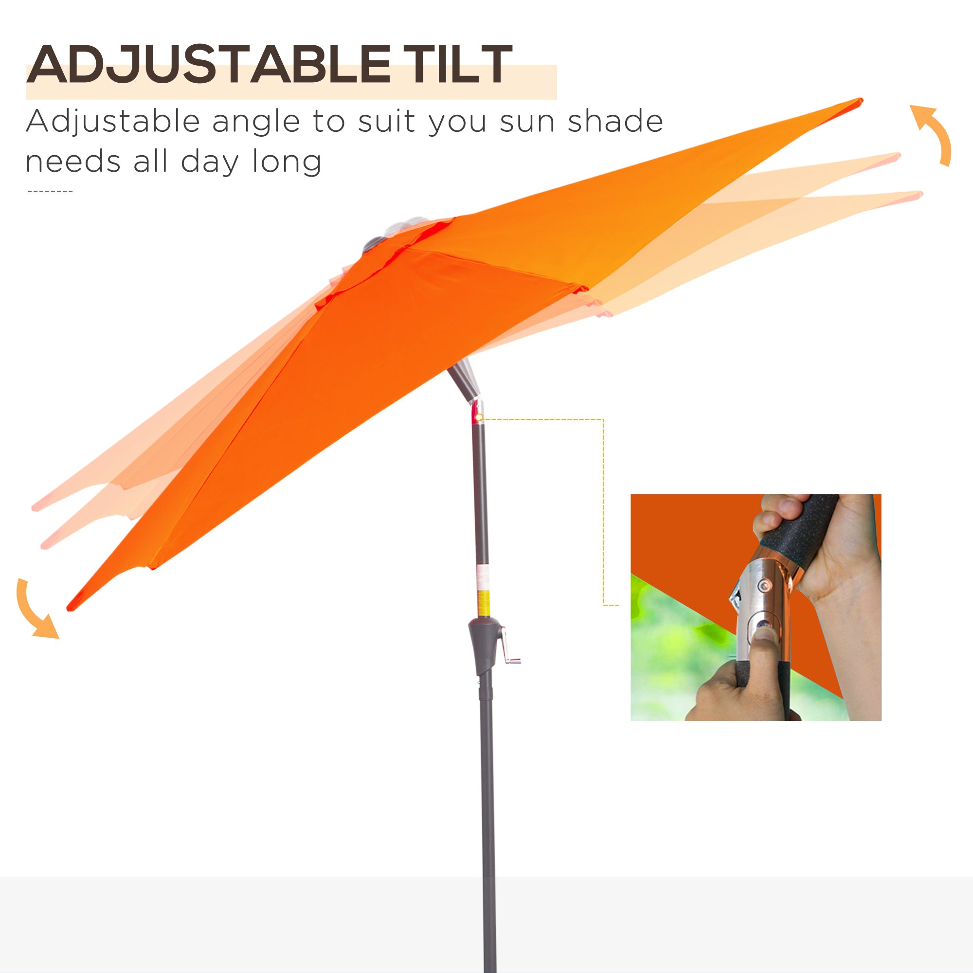 Outsunny 2.7M Garden Parasol Umbrella with Tilt and Crank, Outdoor Sun Parasol Sunshade Shelter with Aluminium Frame, Orange - North Peak Garden Furniture