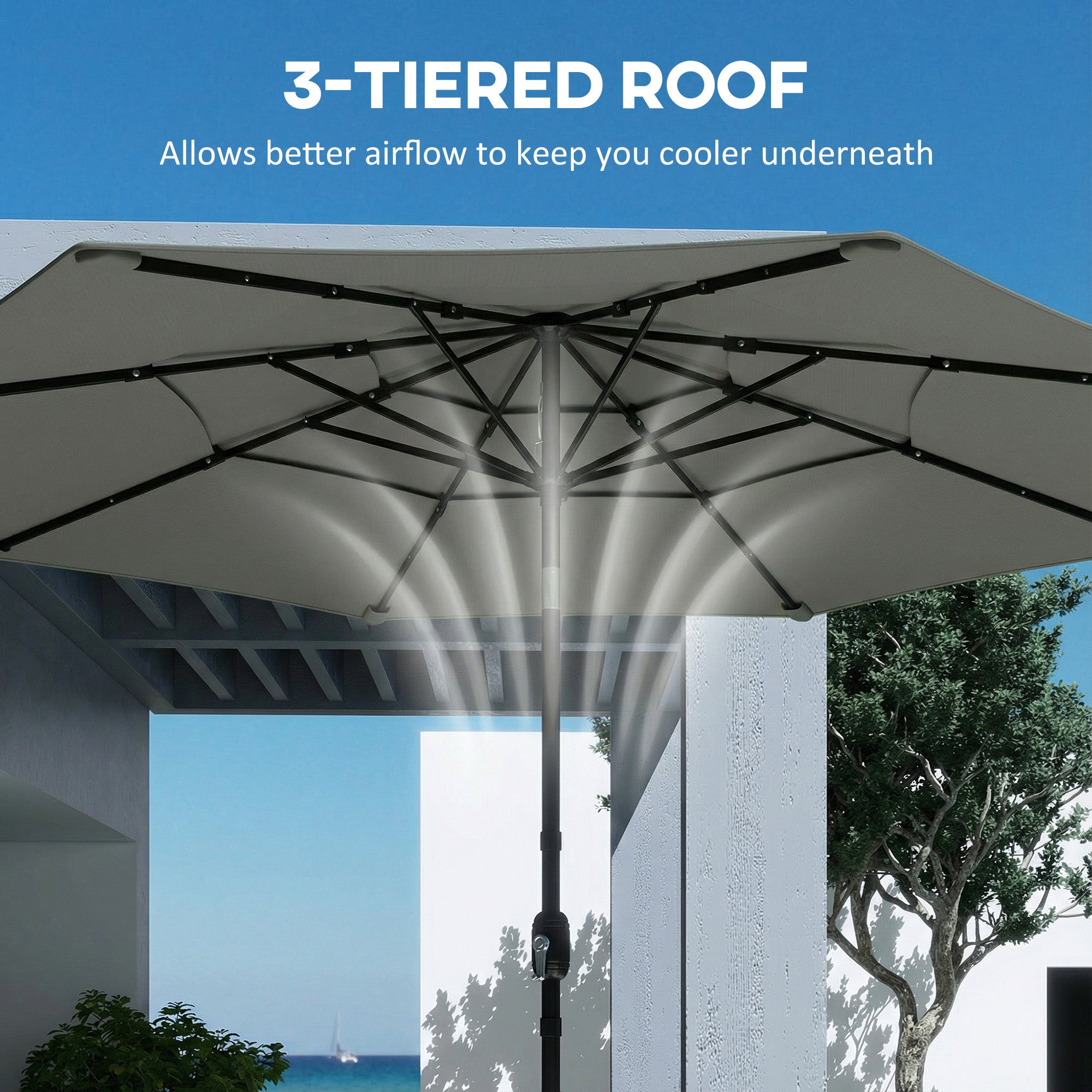 Outsunny Garden Parasol, Parasol Umbrella with 3-tier Roof, Crank Handle, Tilt Function, Polyester Canopy, Grey