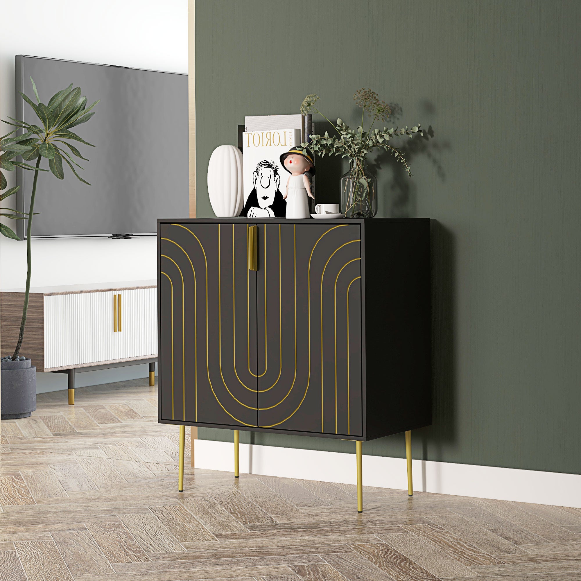 HOMCOM Art Deco Inspired Sideboard, with Adjustable Shelf - Black/Gold Tone