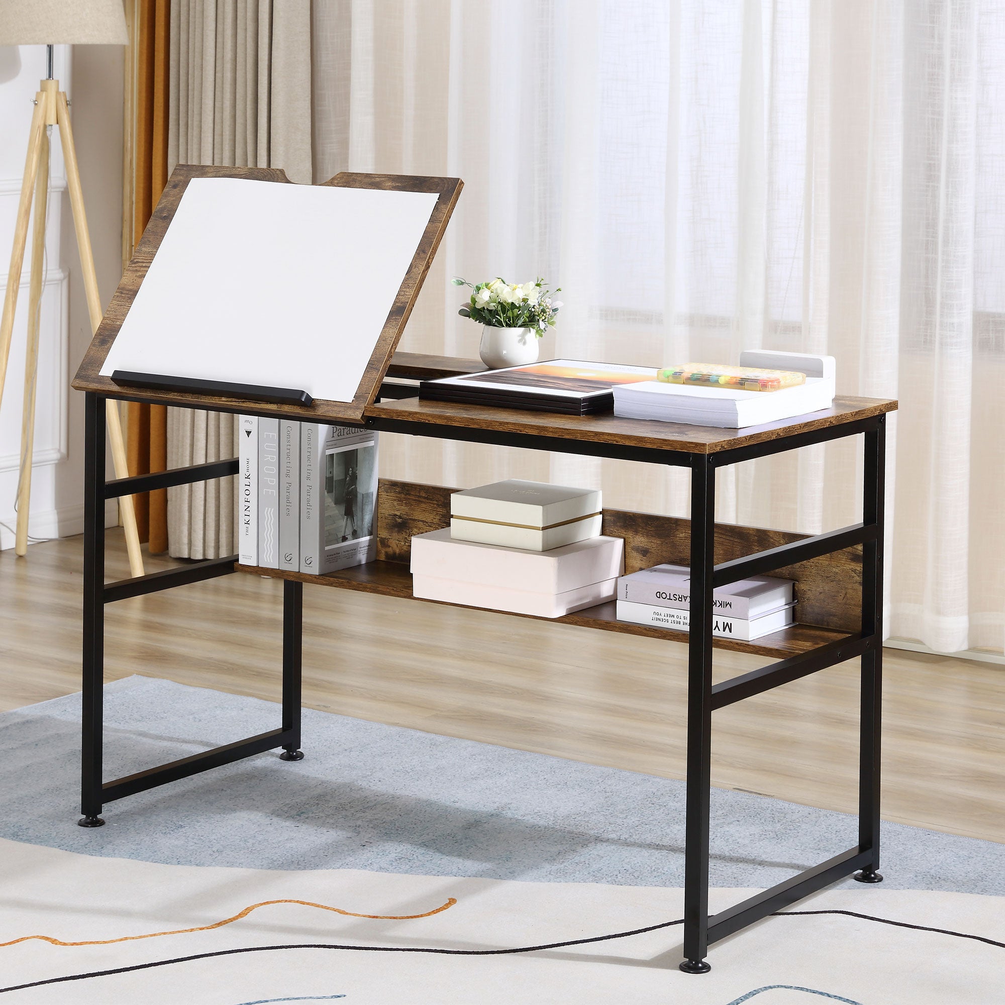 HOMCOM Adjustable Drafting Table Art Desk Drawing Table, Craft Desk Workstation for Painting, Multifunctional Writing Desk w/ 15-Level Tiltable Tabletop and Storage Shelf, Home Office, Rustic Brown - North Peak Garden Furniture