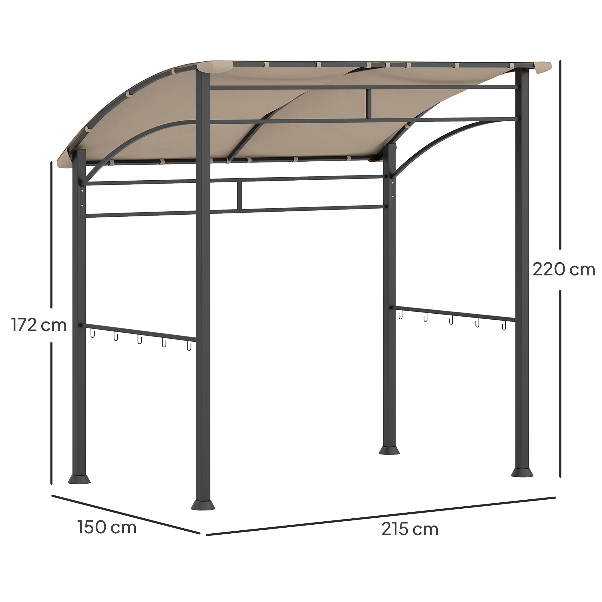 Outsunny 2.2 x 1.5 m BBQ Grill Gazebo Tent, Garden Grill with Metal Frame, Curved Canopy and 10 Hooks, Outdoor Sun Shade, Khaki - North Peak Garden Furniture
