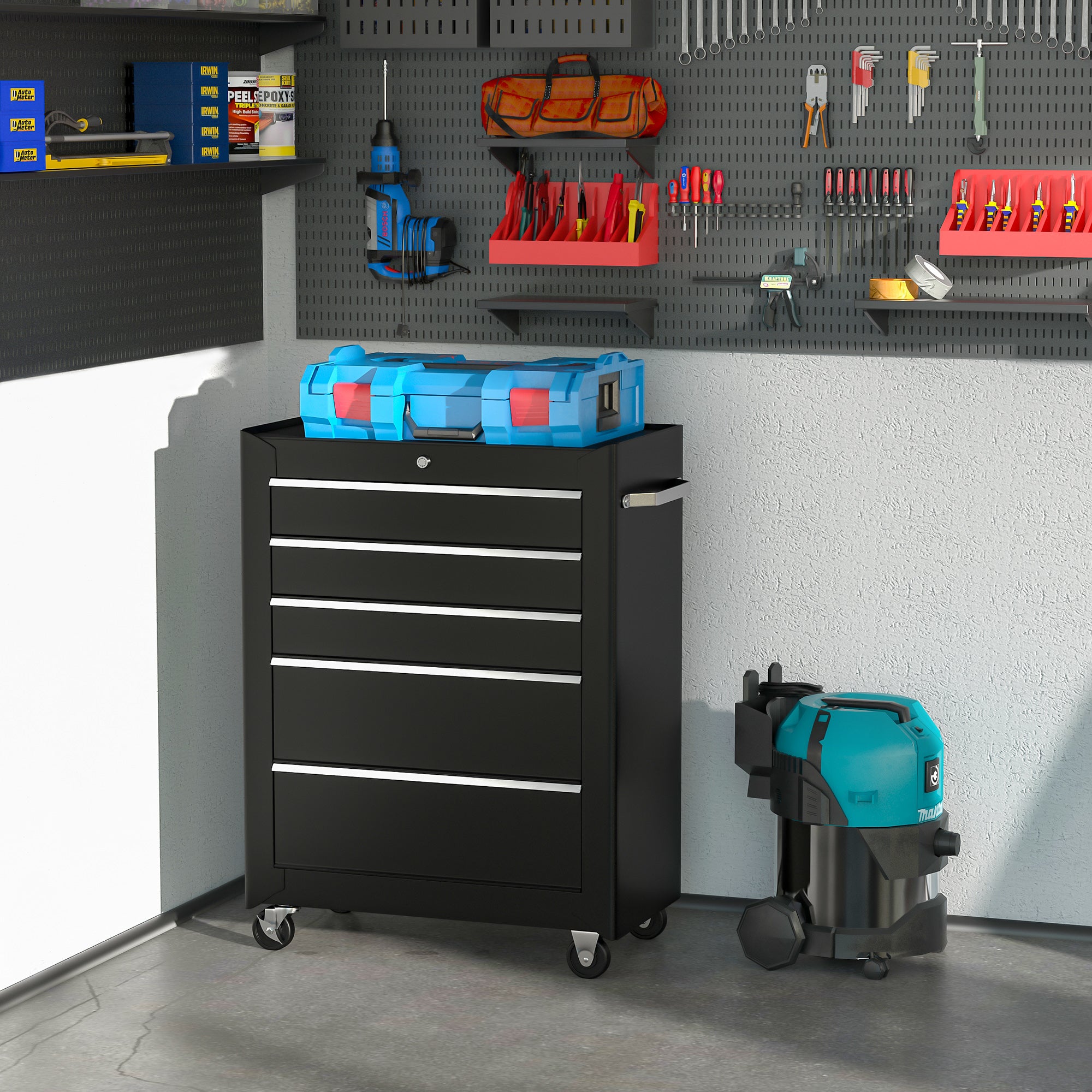 HOMCOM 5-Drawer Tool Chest, Lockable Steel Tool Storage Cabinet with Wheels and Handle Tool Box for Garage, Workshop, Black - North Peak Garden Furniture