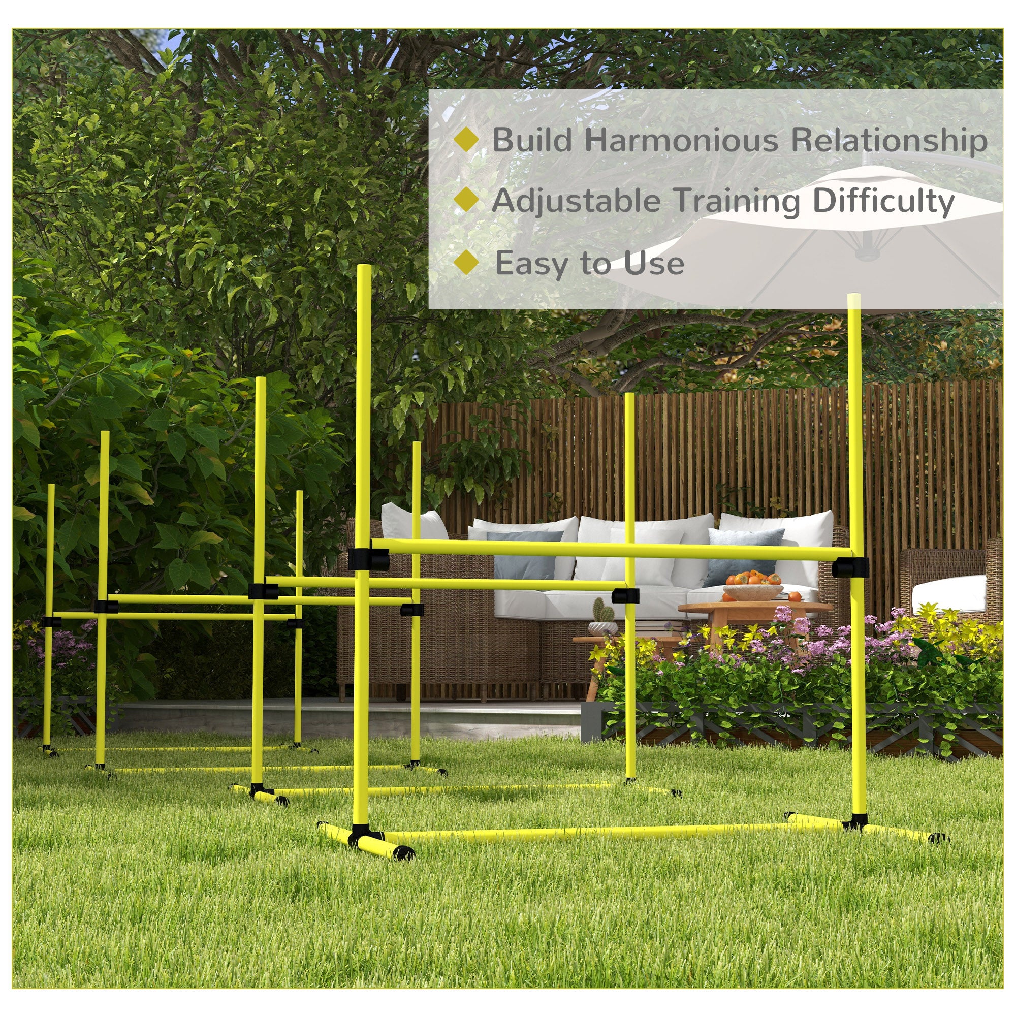 PawHut 4 Pieces Dog Agility Training Equipment, Adjustable Height Jumps Hurdle with Carrying Bag for Outdoor, Yellow - North Peak Garden Furniture