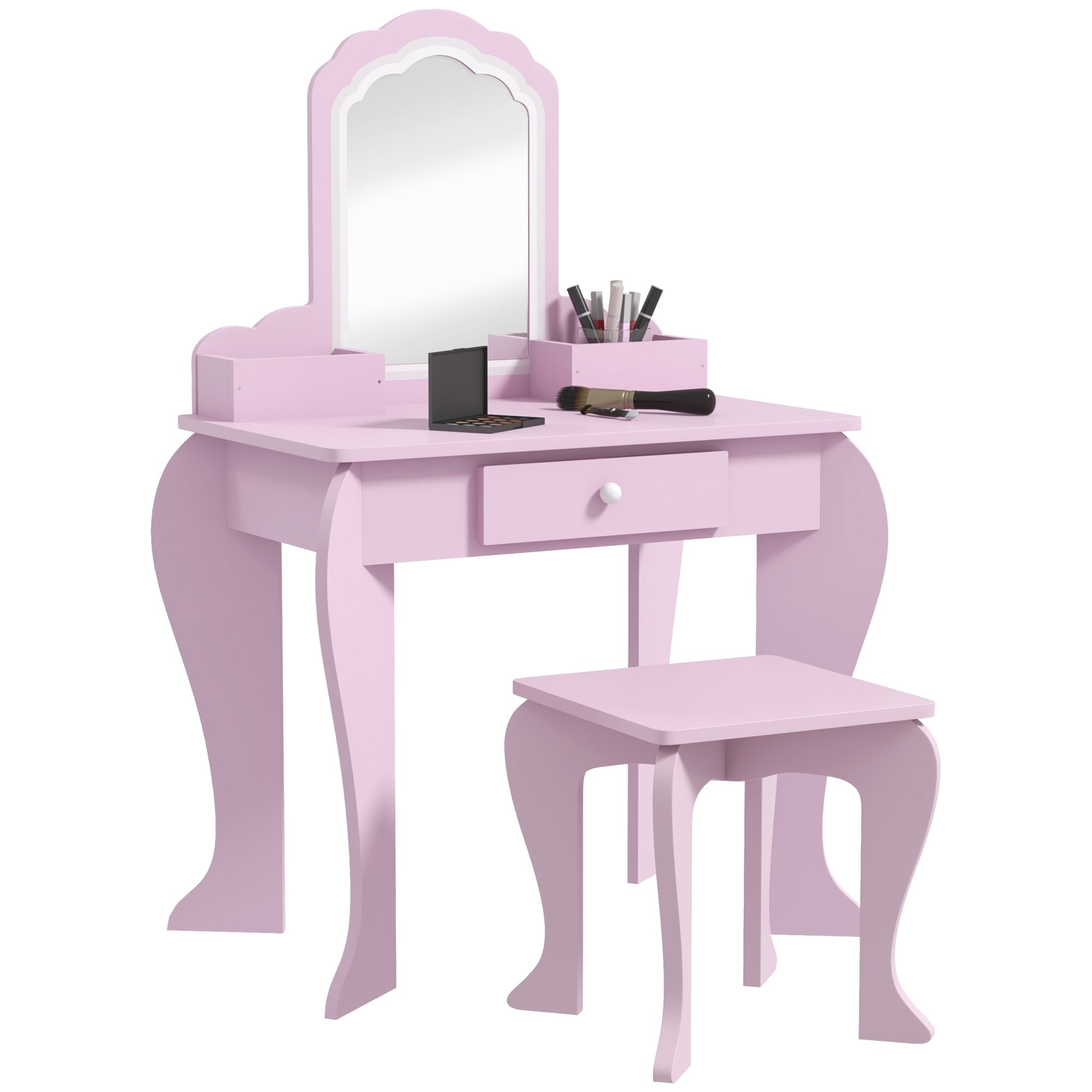 ZONEKIZ Kids Vanity Table with Mirror, Stool, Drawer, Storage Boxes, Cloud Design, for Ages 3-6 Years - Pink - North Peak Garden Furniture