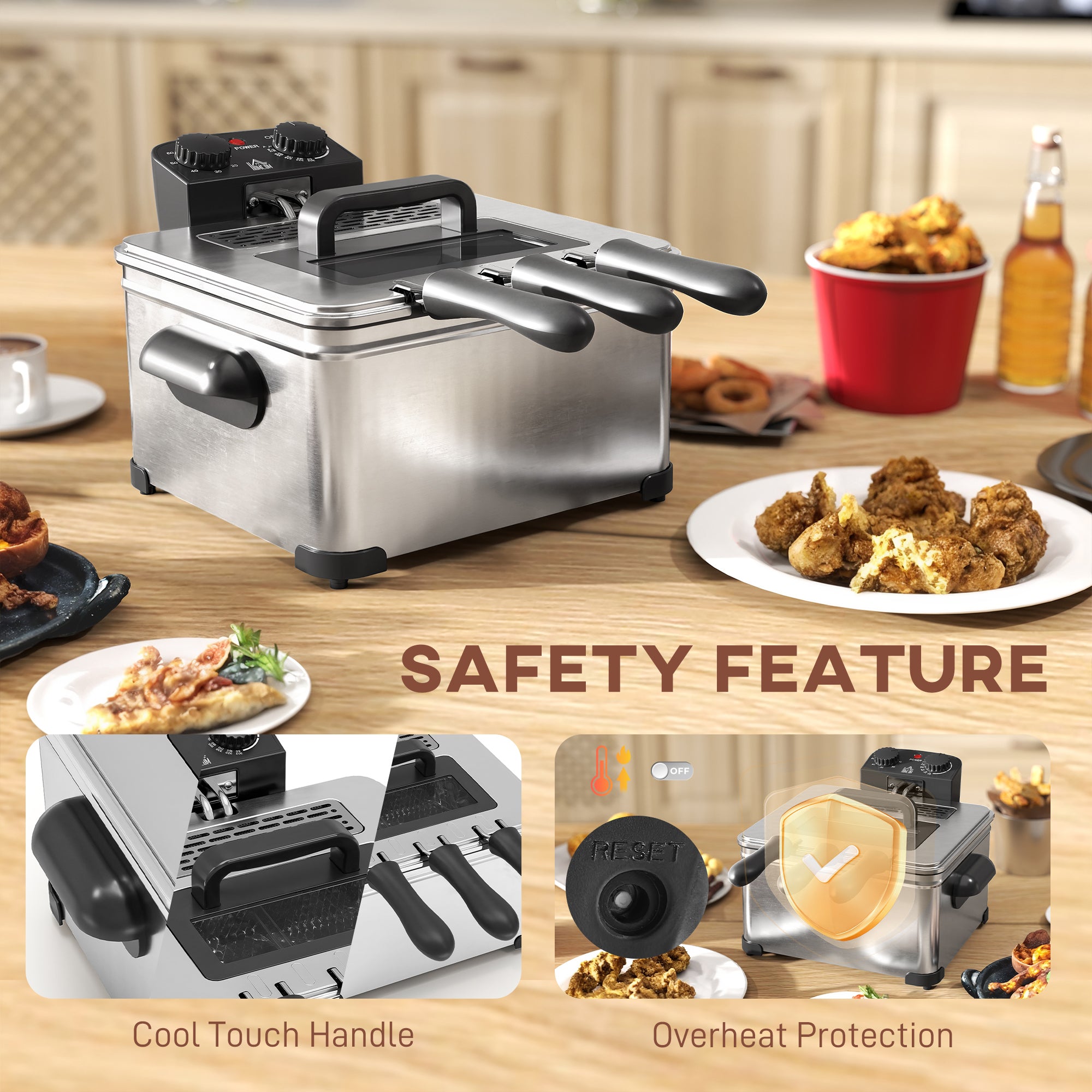 HOMCOM 5 Litre Deep Fat Fryer with Adjustable Temperature & Timer, 2000W Stainless Steel Deep Fryer with Removable Oil Basket and Viewing Window, for Chips Fried Chicken - North Peak Garden Furniture