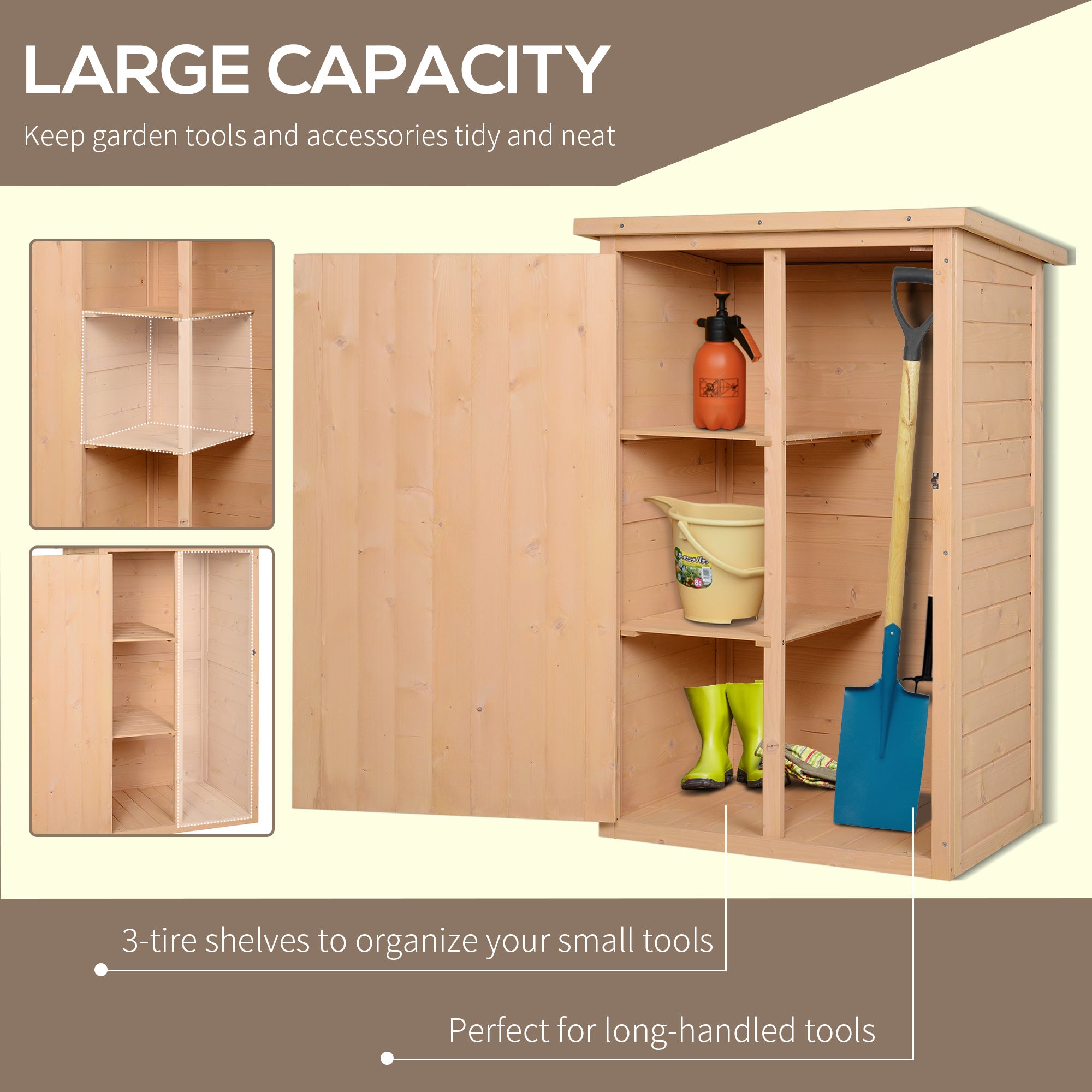 Outsunny Garden Shed Wooden Garden Storage Shed Fir Wood Tool Cabinet Organiser with Shelves 75L x 56W x115Hcm Natural - North Peak Garden Furniture
