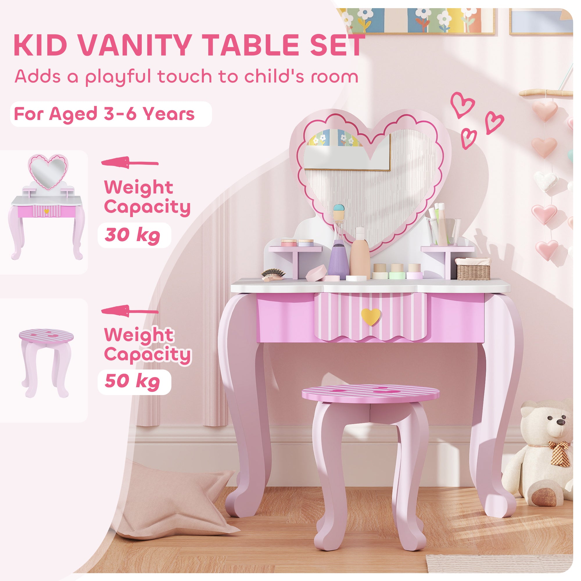 AIYAPLAY Kids Dressing Table Set, Vanity Table with Stool, Mirror, Drawer, Desktop Storage, Heart Theme, Pink - North Peak Garden Furniture