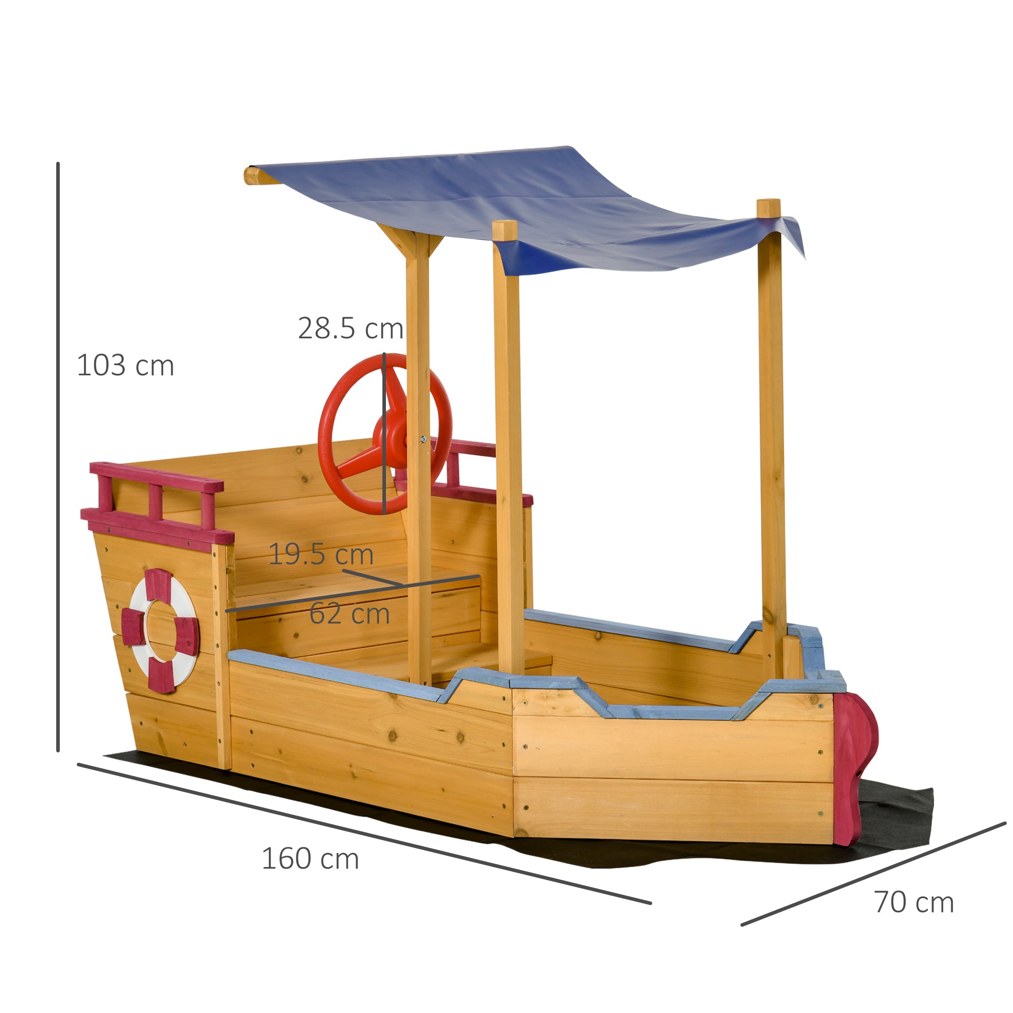 Outsunny Kids Wooden Sand Pit Children Sandbox Pirate Ship Sandboat Play Station for Outdoor w/ Canopy Shade Storage Bench Bottom Liner - North Peak Garden Furniture