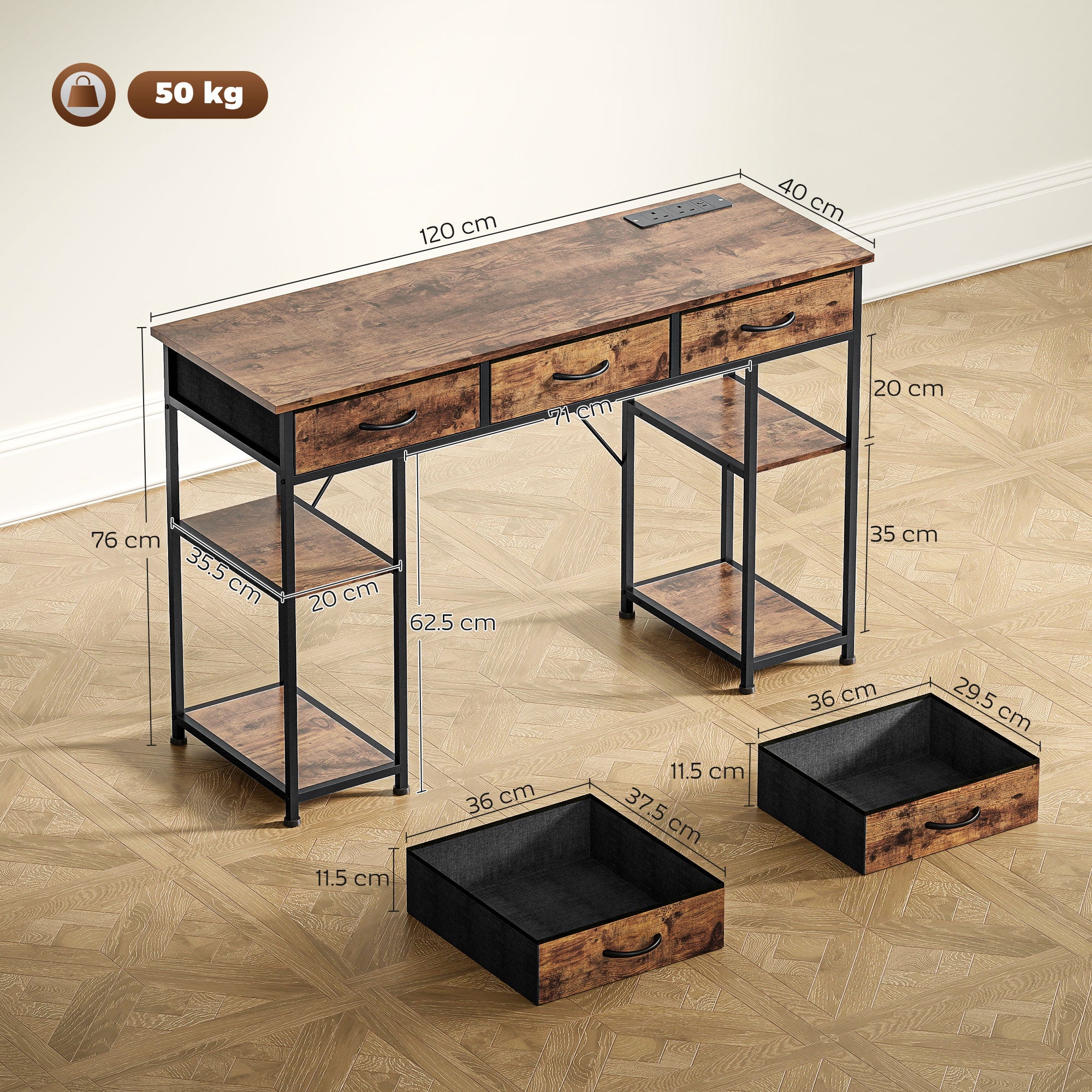 HOMCOM 120cm Computer Desk with Power Outlets, Office Desk Study Table with Fabric Drawers and Storage Shelves, Rustic Brown - North Peak Garden Furniture