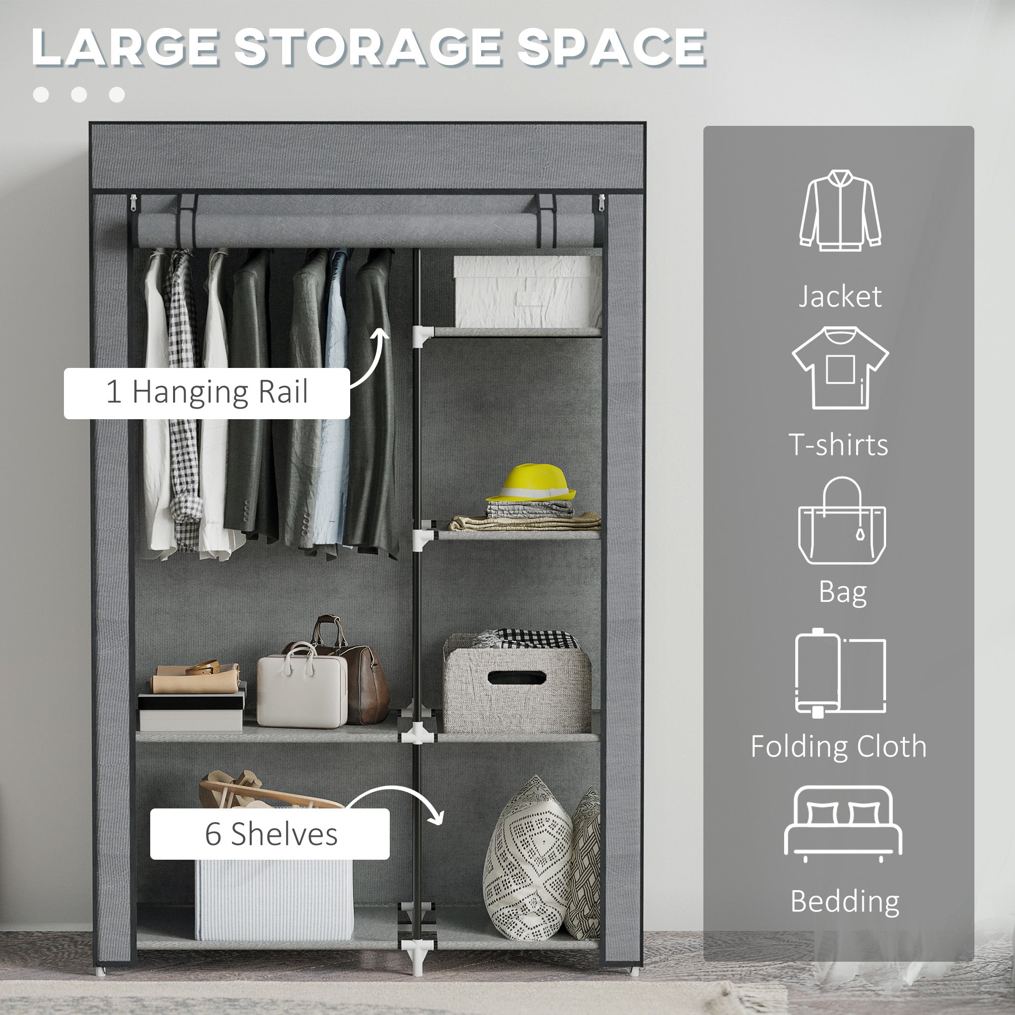 HOMCOM Rail and Six Shelf Fabric Wardrobe - Dark Grey - North Peak Garden Furniture