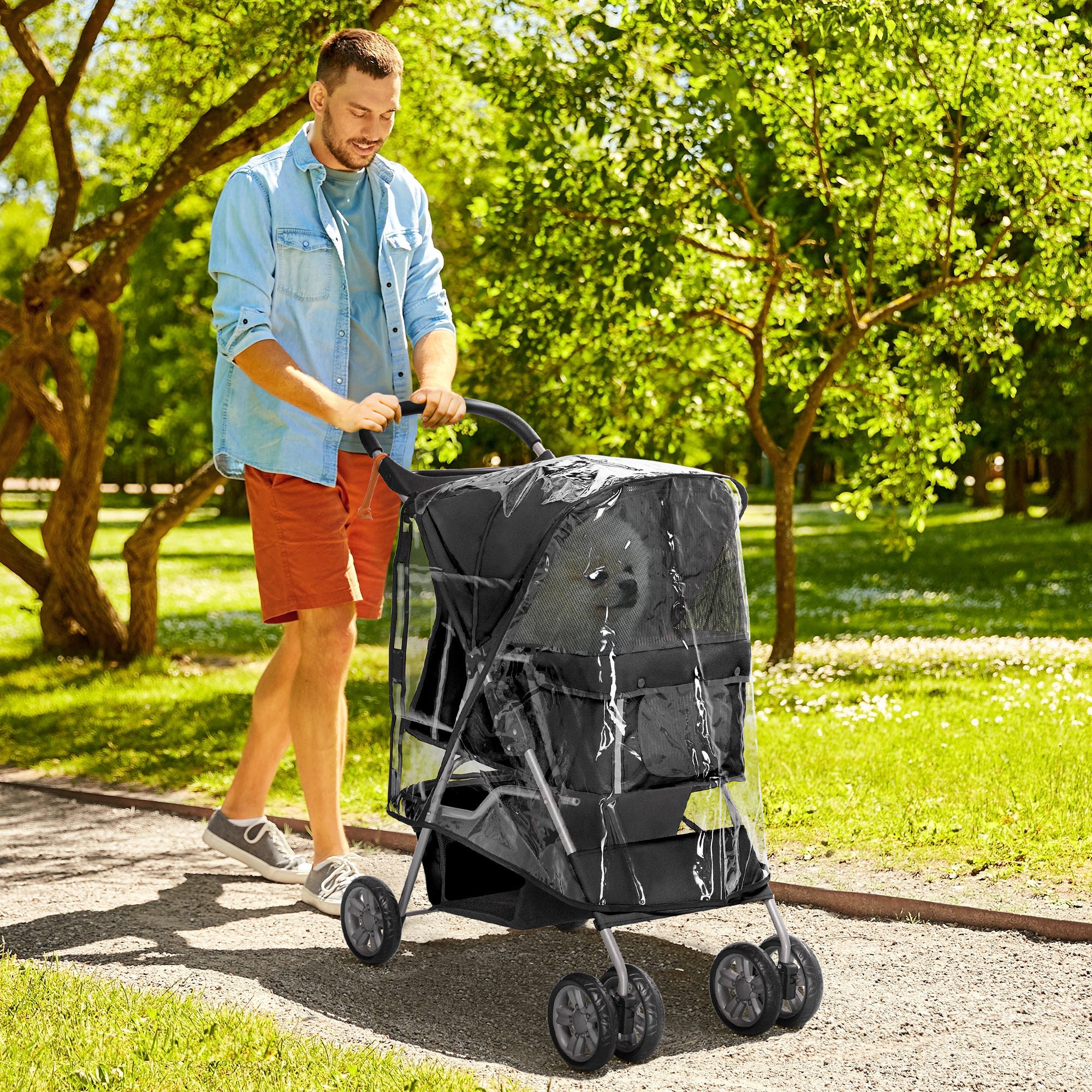 PawHut Pet Travel Stroller with Rain Cover, 4 Wheels Foldable Travel Carriage with Wheels Zipper Entry Cup Holder Storage Basket Black - North Peak Garden Furniture