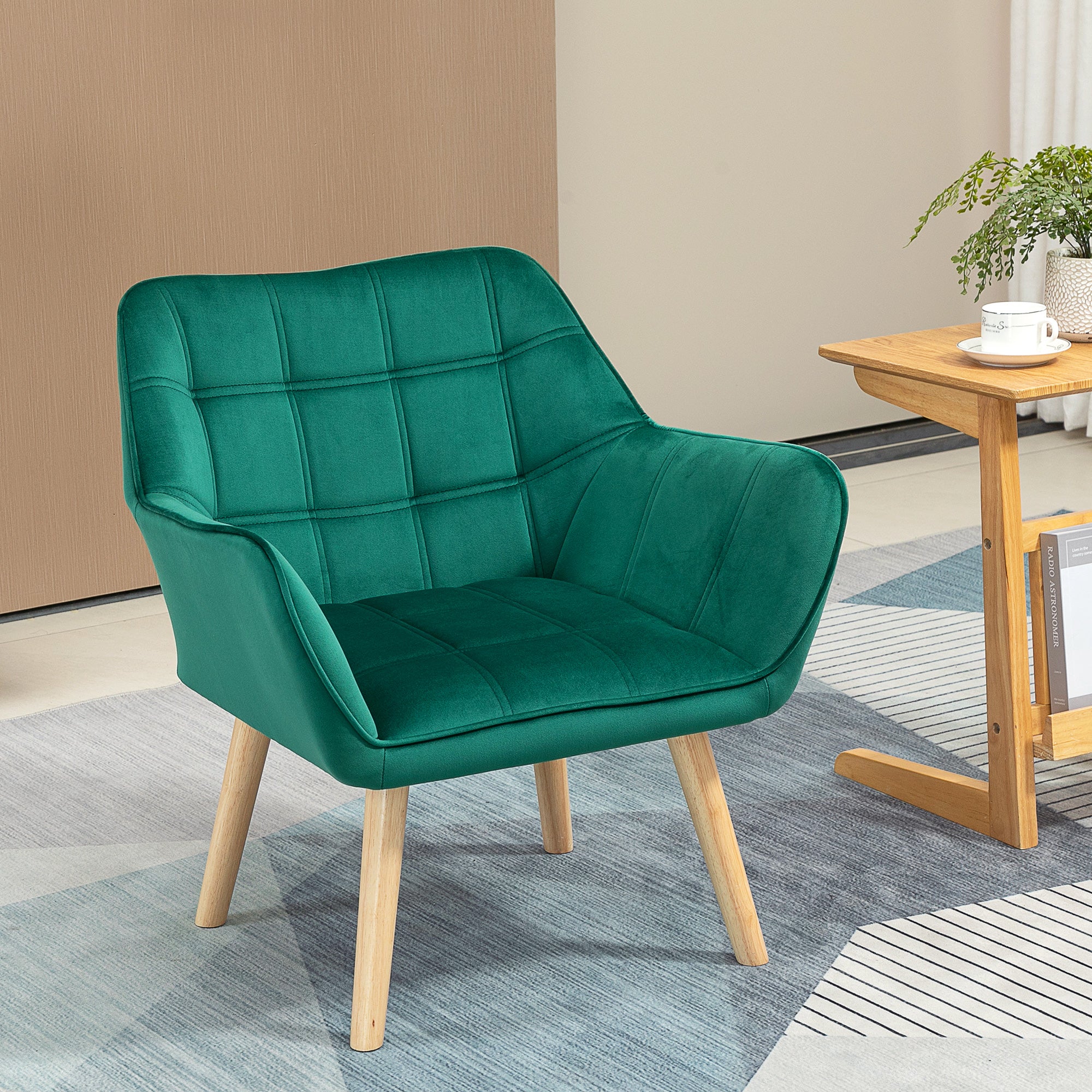 HOMCOM Accent Chair, Arm Chair with Wide Arms, Slanted Back, Thick Padding and Rubber Wooden Legs for Living Room, Green - North Peak Garden Furniture