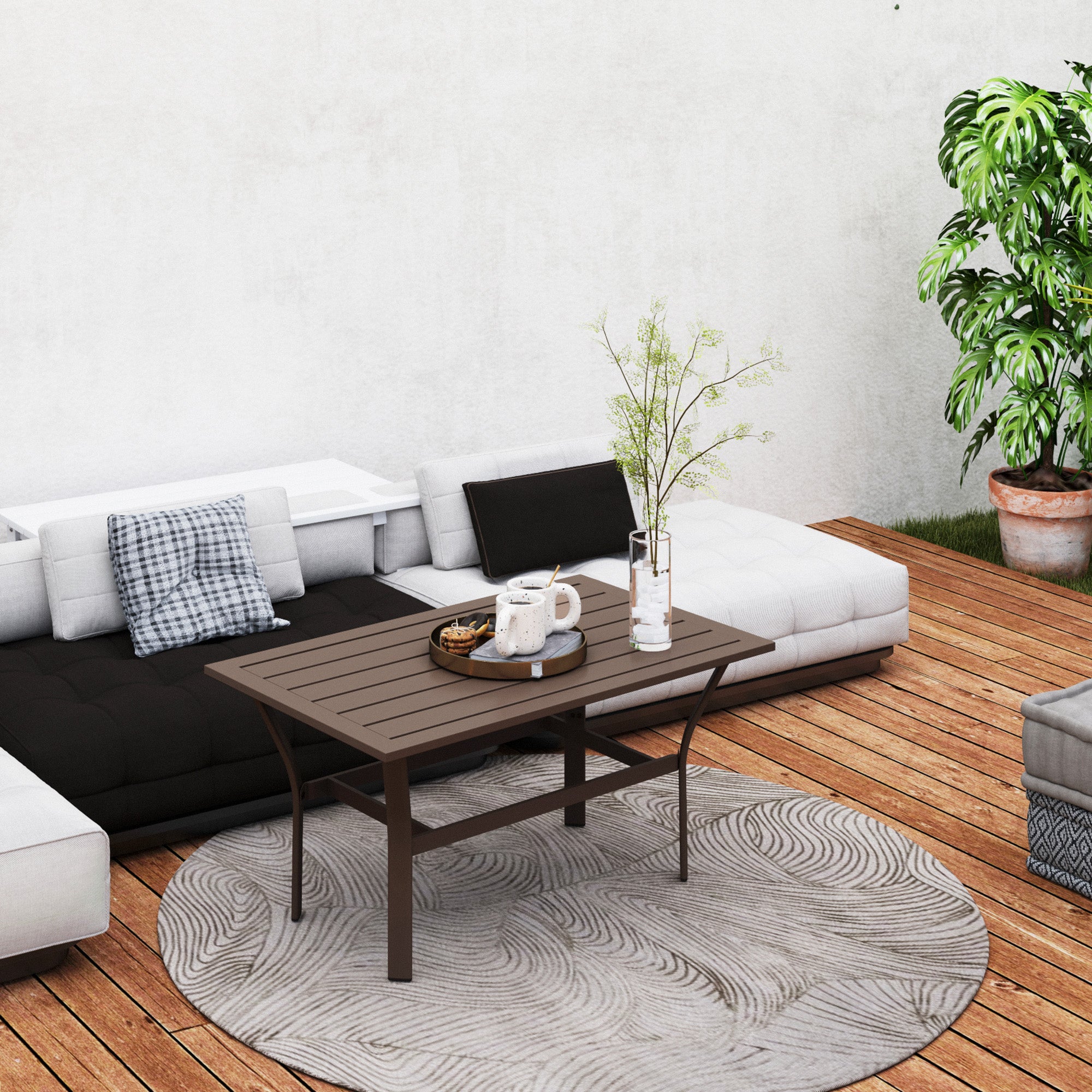 Outsunny Metal Garden Coffee Table, Rectangular Outdoor Side Table with Slatted Tabletop, Foot Pads for Outside, Garden, Balcony, Porch, 91.5 x 55 x 45cm, Brown - North Peak Garden Furniture