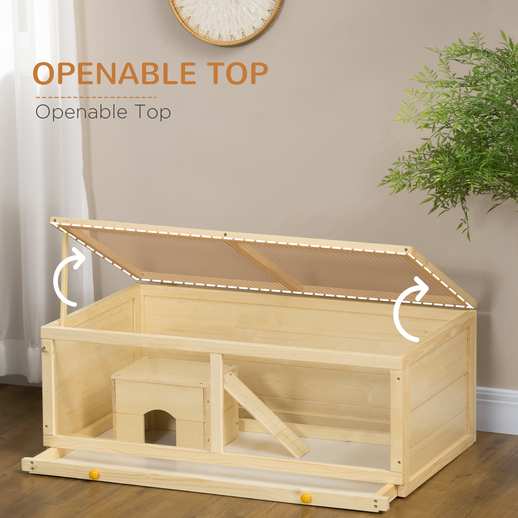 PawHut Wooden Hamster Cage with Sliding Tray, Openable Top, Hut for Syrian Hamsters, Natural Wood - North Peak Garden Furniture