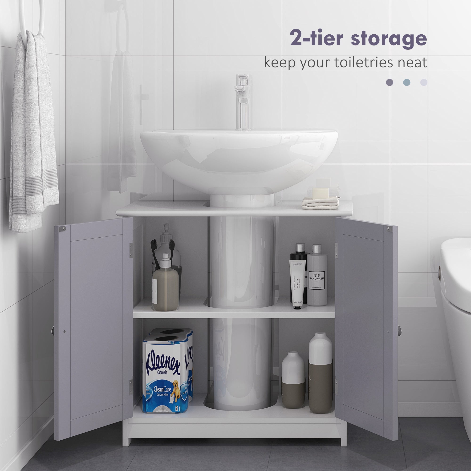 kleankin 60x60cm Under-Sink Storage Cabinet w/ Adjustable Shelf Handles Drain Hole Bathroom Cabinet Space Saver Organizer White and Grey - North Peak Garden Furniture