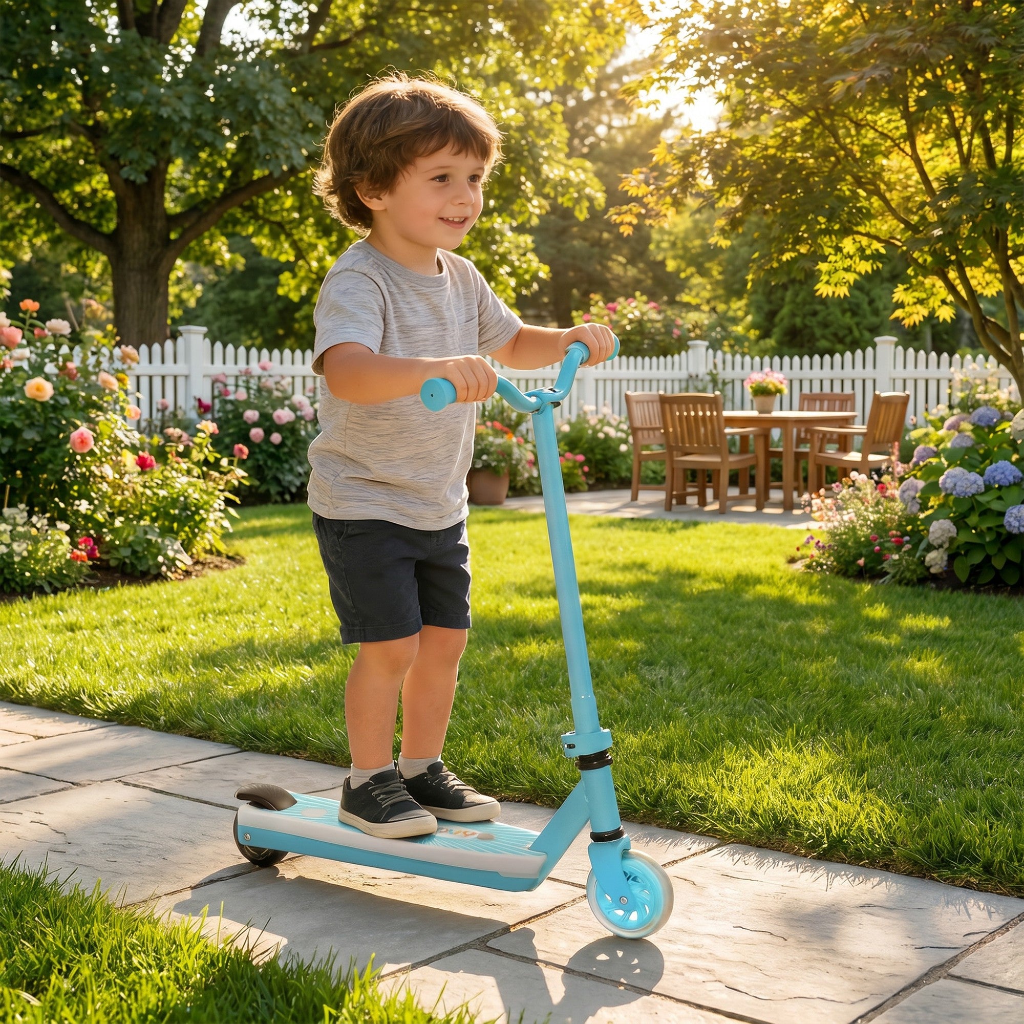 AIYAPLAY Electric Scooter for Kids Ages 4-7, with Auxiliary Rear Wheels, Flashing LED Light and Electric Brake, Kids Electric Scooter for Boys Girls, 6 KM/H & 8 KM, Blue