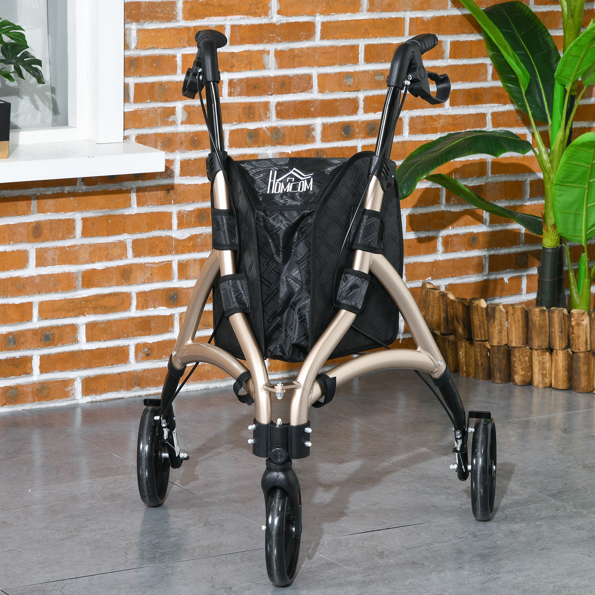 HOMCOM 3 Wheel Rollator, Lightweight Aluminium Tri Walker with Adjustable Handle, Storage Bag and Dual Brakes, Folding Mobility Walking Aid for Elderly, Handicapped, 5.3kg, Gold Tone - North Peak Garden Furniture