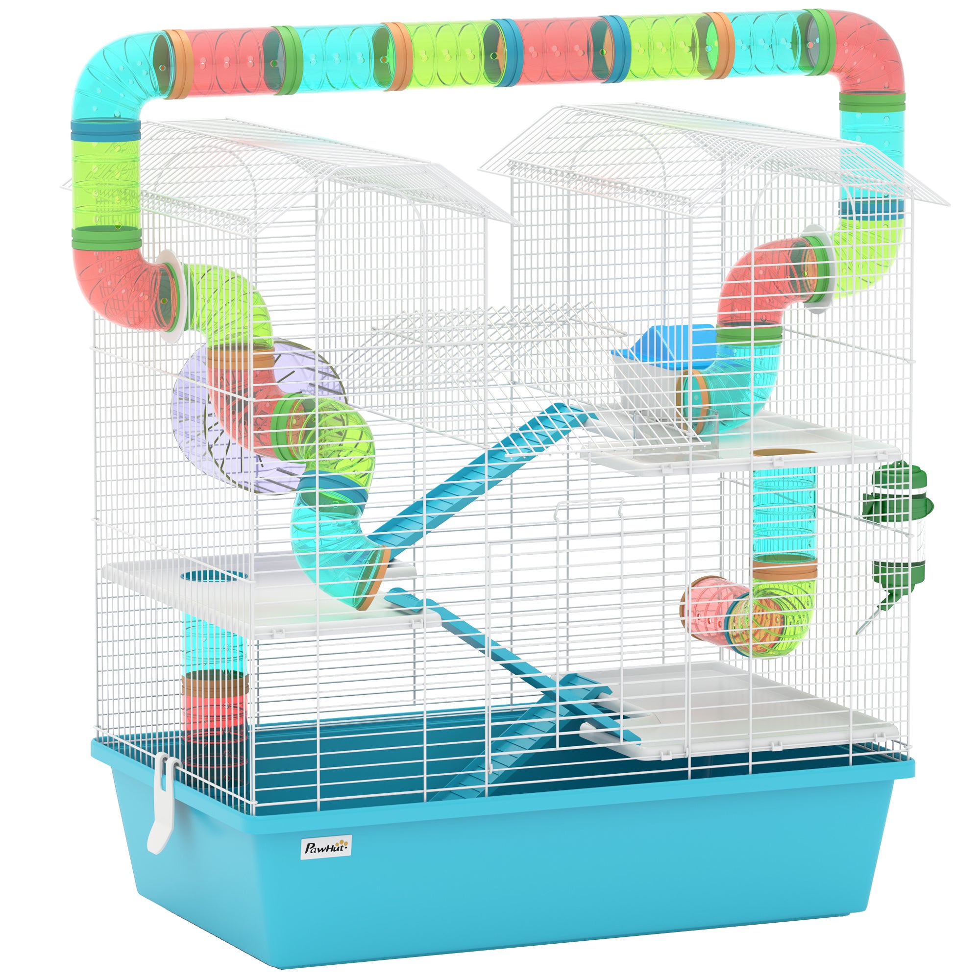 PawHut 4 Tier Hamster Cage w/ Tubes, Exercise Wheel, Hut, Water Bottle, Food Dish, Ramps, for Drawf, 58 x 36 x 65cm, Light Blue