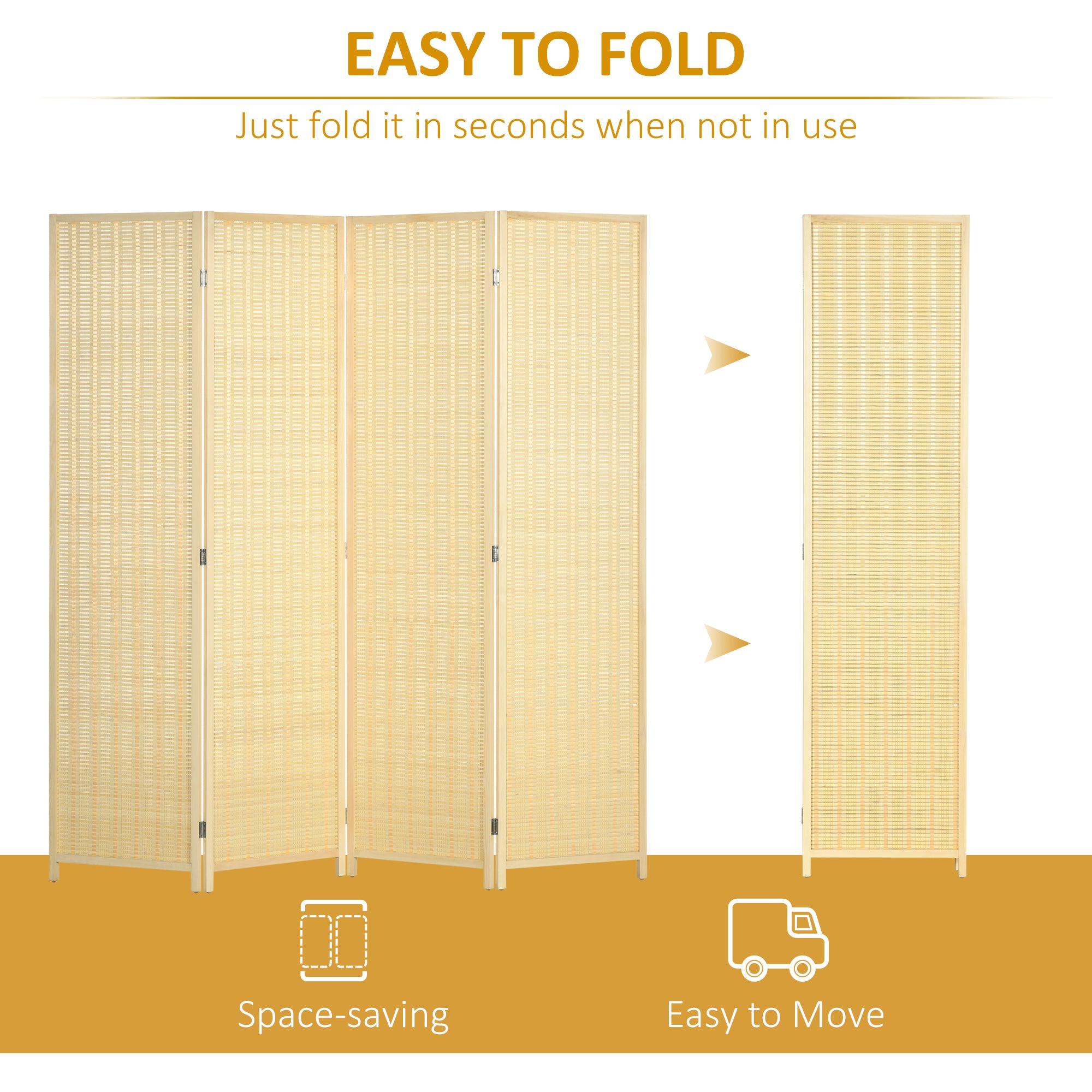 HOMCOM 4 Panel Folding Room Divider Screen, Wall Panel Privacy Furniture, Freestanding Paravent Partition Separator for Living Room, Bedroom and Office, 180 x 180cm, Natural