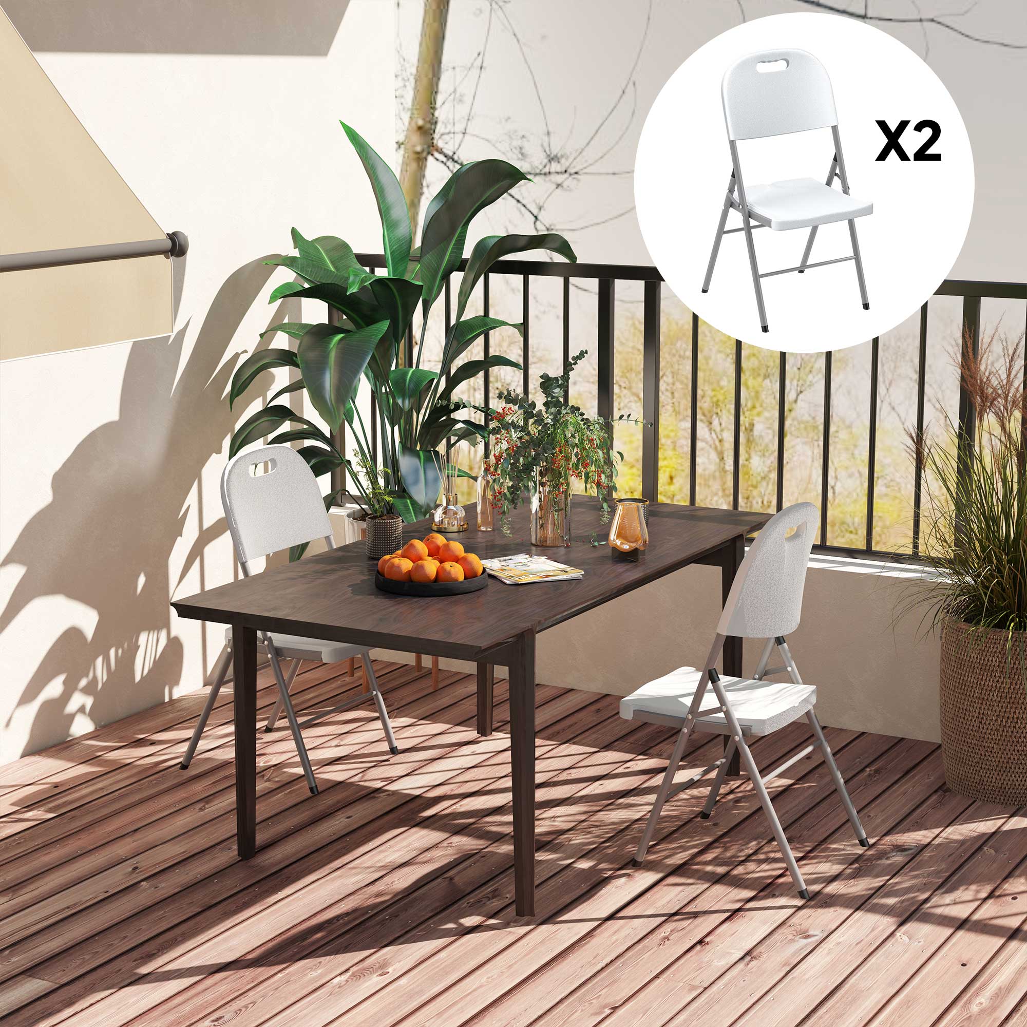Outsunny Folding Chair Set of 2 with Steel Frame, Outdoor Chair Set with HDPE Backrest, Seat and Handles for Mobility, Garden Chair Set for Patio Deck Balcony, White - North Peak Garden Furniture