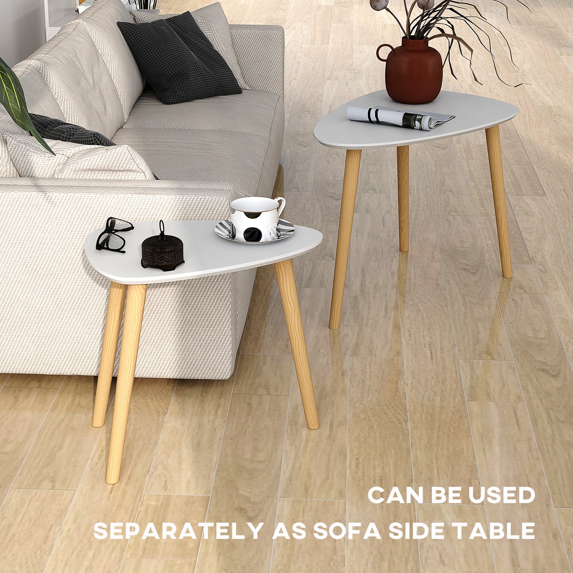 HOMCOM Nesting Coffee Table, Set of 2 Side Tables, Stacking End Tables with Solid Wood Legs, for Living Room Bedroom, Light Grey - North Peak Garden Furniture