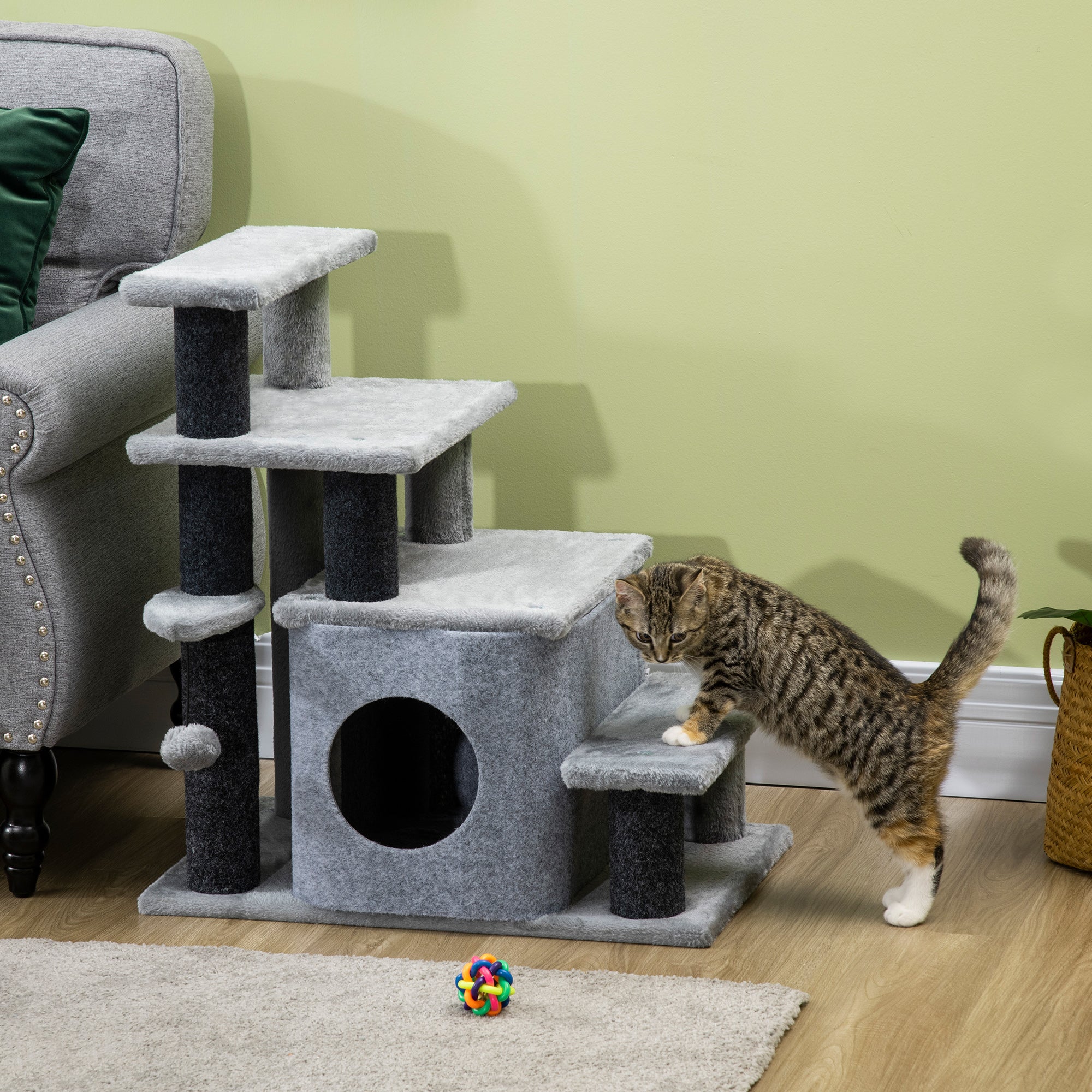PawHut Adjustable Cat Steps, with House & Hanging Toy Ball - Grey - North Peak Garden Furniture