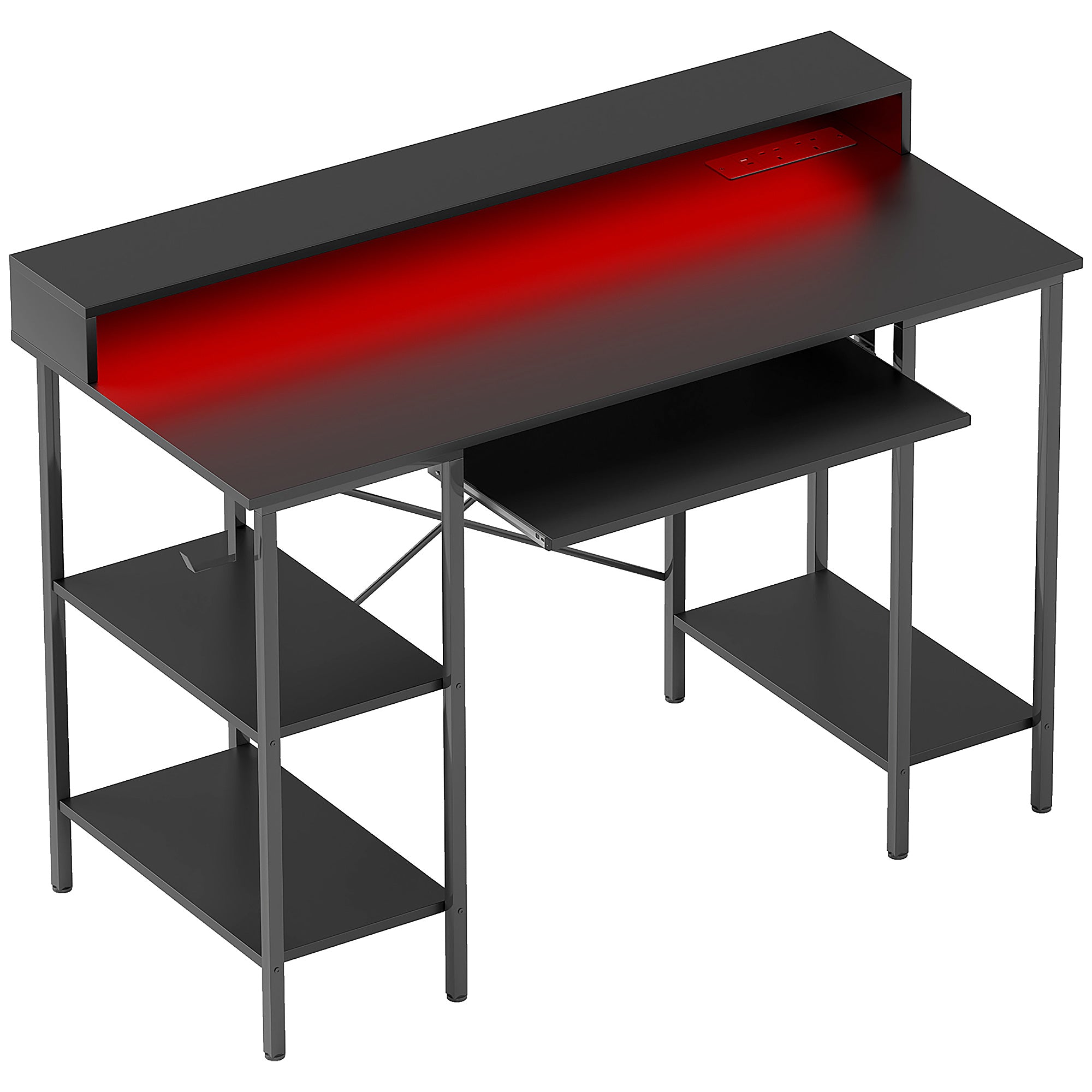 HOMCOM Reversible Computer Desk with LED Lights and Power Outlets, 120 x 55 cm Gaming Desk with Monitor Stand, Sliding Keyboard Tray and Storage Shelves, Industrial Home Office Desk, Black - North Peak Garden Furniture