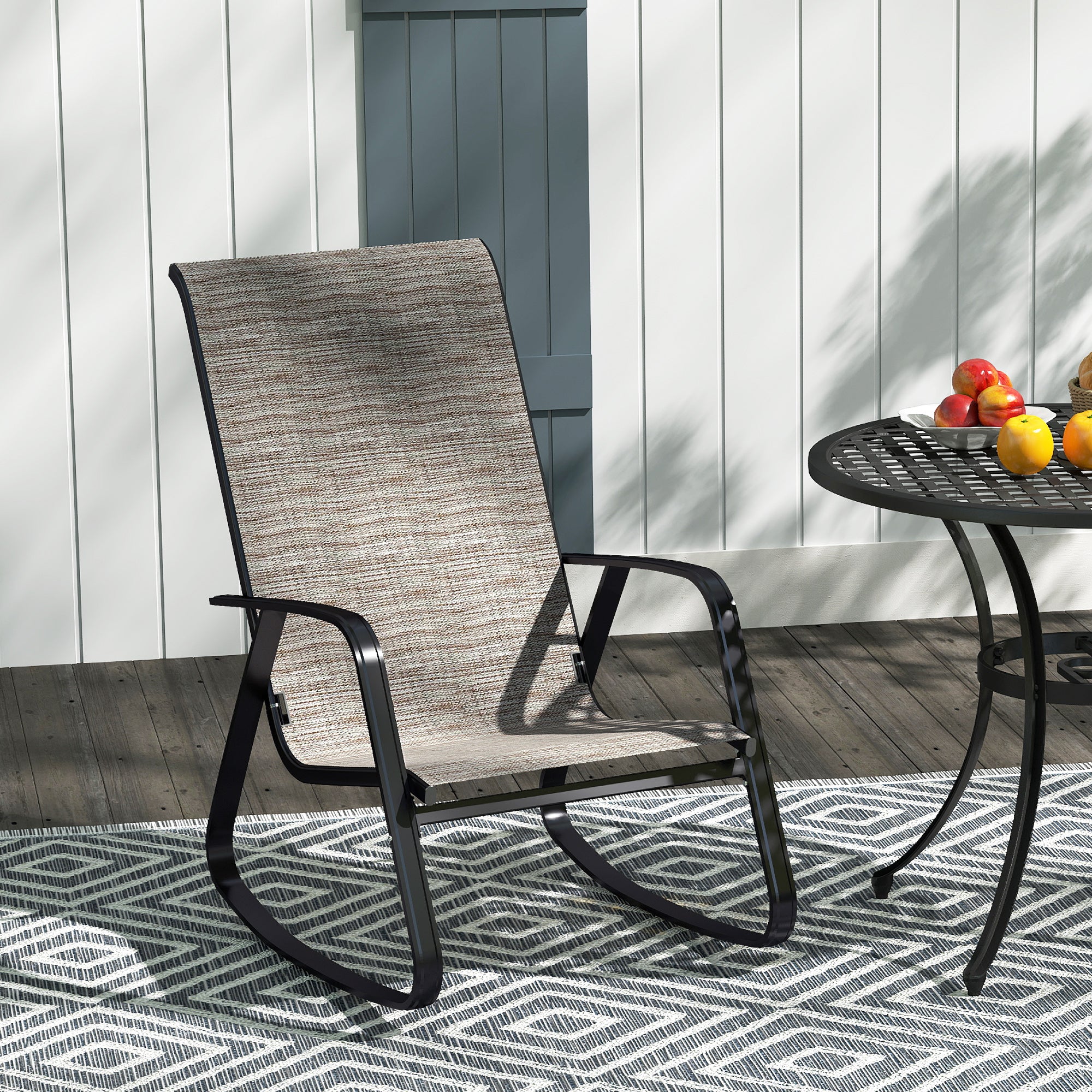 Outsunny Garden Rocking Chair, Ergonomic Outdoor Rocking Chair with Armrests, High Backrest, Steel Frame Relaxing Rocker Armchair Seat for Patio, Balcony, Porch, Light Brown - North Peak Garden Furniture