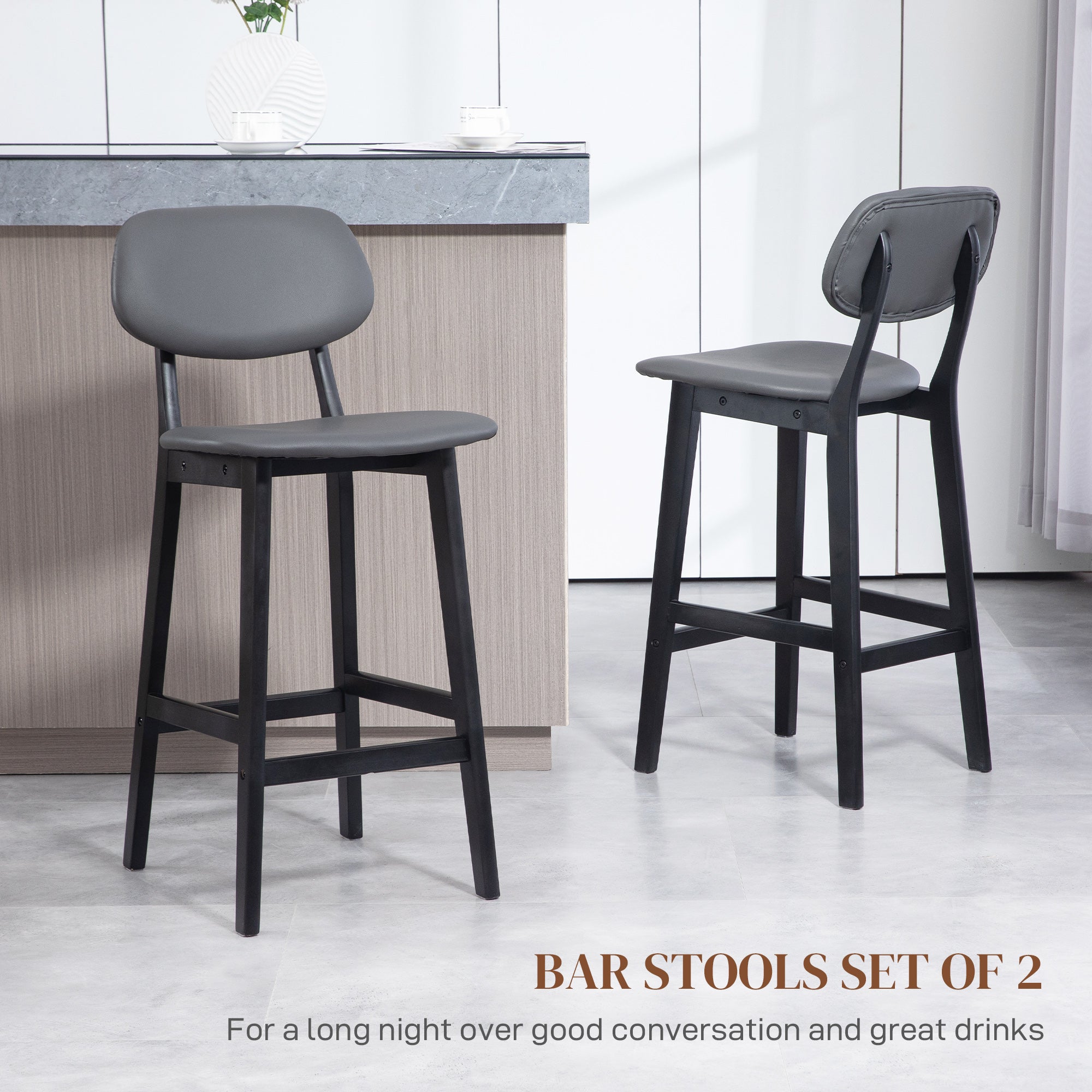 HOMCOM Bar Stools Set of 2, Contemporary Breakfast Bar Chairs, Faux Leather Upholstered Kitchen Stools with Backs and  Solid Wood Legs, Dark Grey