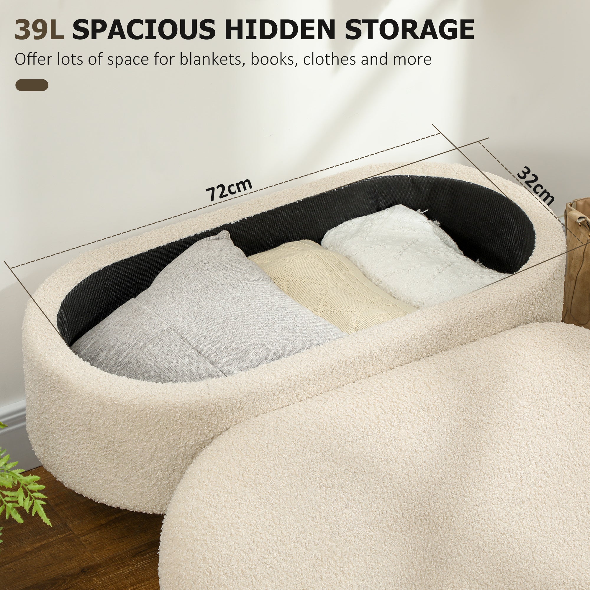 HOMCOM Teddy Fleece Storage Ottoman - Cream White - North Peak Garden Furniture