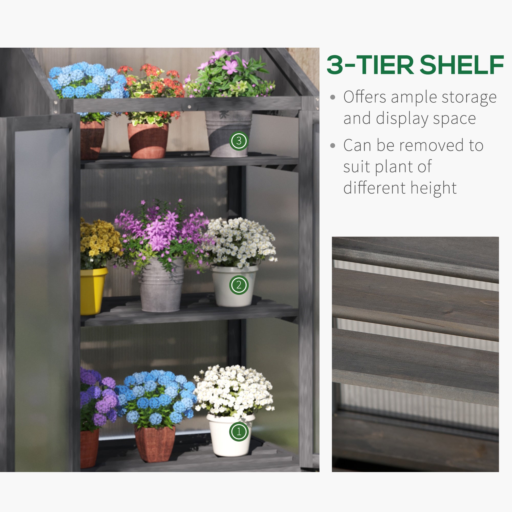 Outsunny Wooden Cold Frame Polycarbonate Greenhouse with Openable Top Cover and Double Door, Grow House for Flower, Vegetable and Plants, 70 x 50 x 120cm, Grey - North Peak Garden Furniture