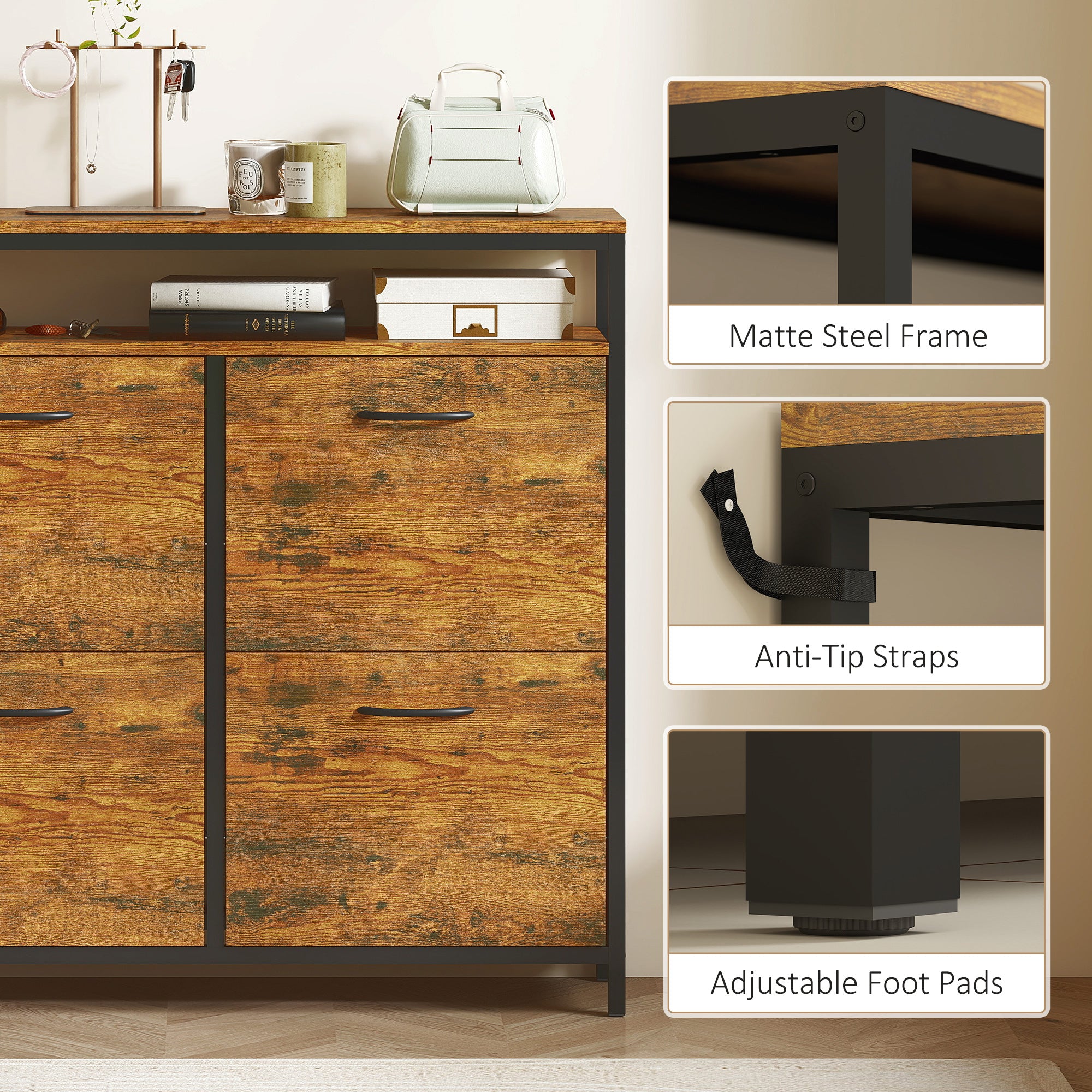 HOMCOM Shoe Storage Cabinet with 4 Flip Drawers and Open Shelf - Rustic Brown
