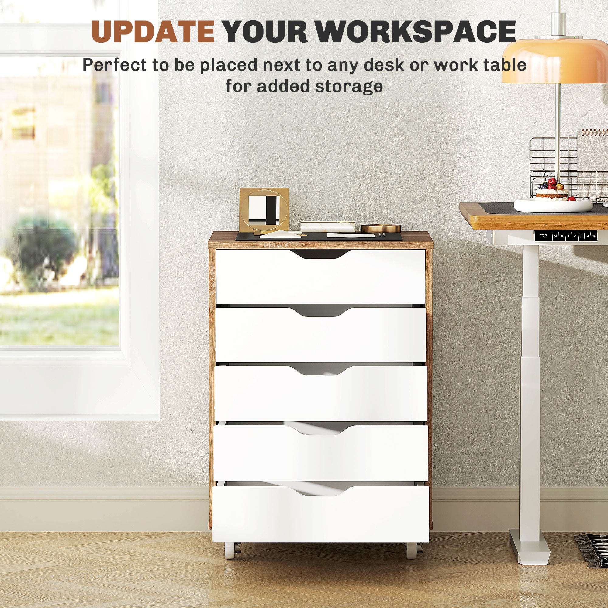 Vinsetto Five-Drawer Filing Cabinet, with Wheels - Oak Brown - North Peak Garden Furniture