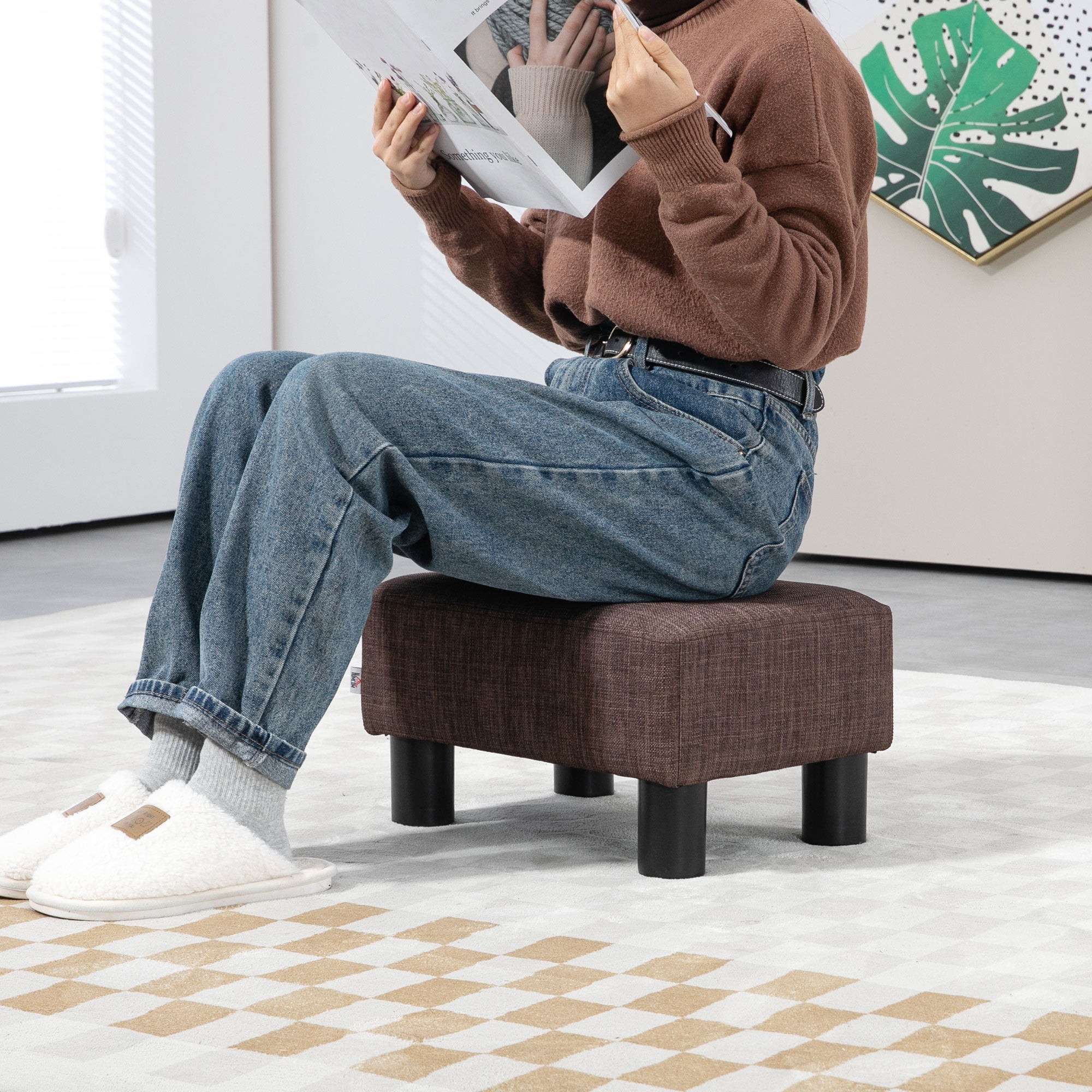 HOMCOM Linen Fabric Footstool Ottoman Cube with 4 Plastic Legs - North Peak Garden Furniture