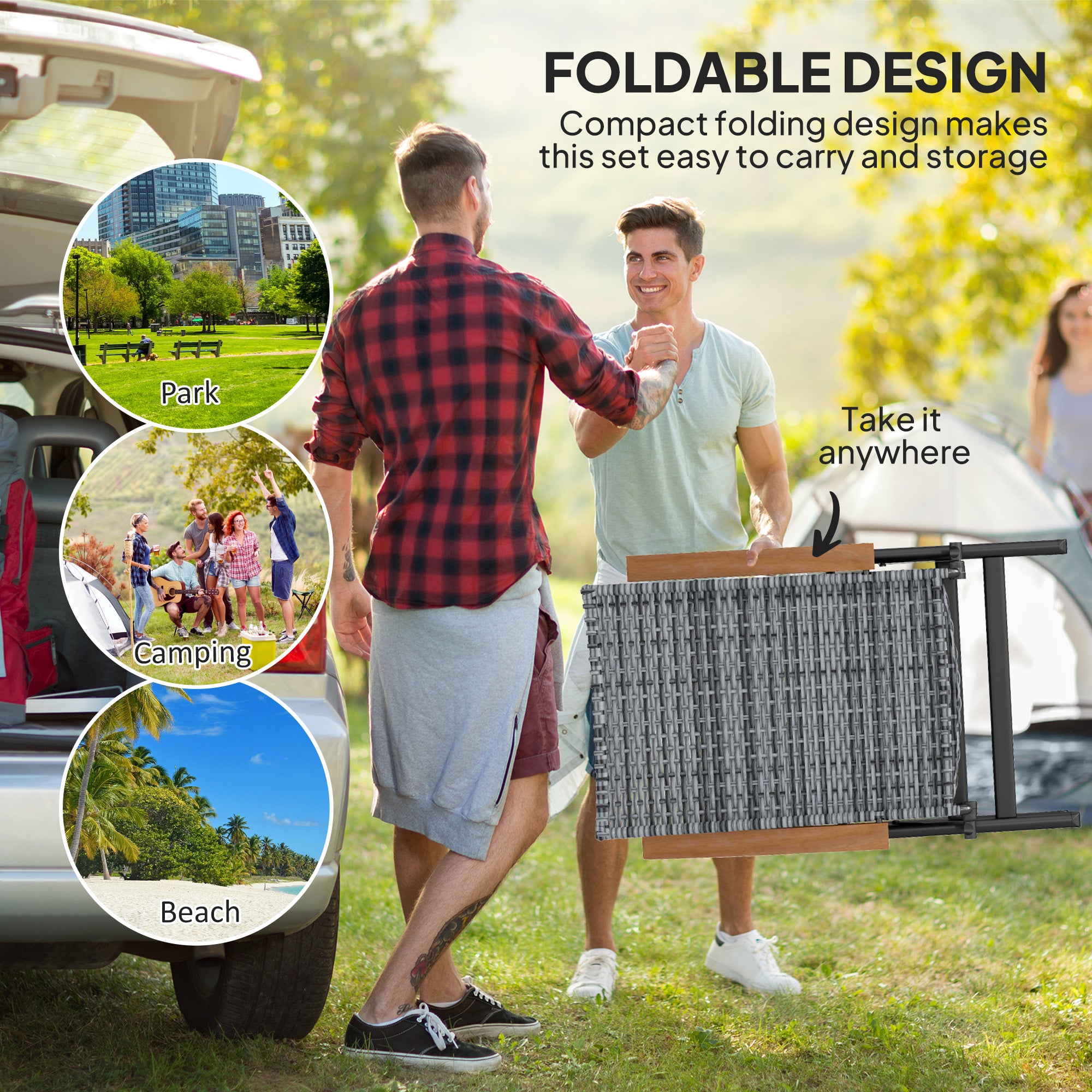 Outsunny Outdoor Folding Rattan Chair with Armrests, High Backrest, for Garden, Camping, Balcony, Porch - Light Grey - North Peak Garden Furniture