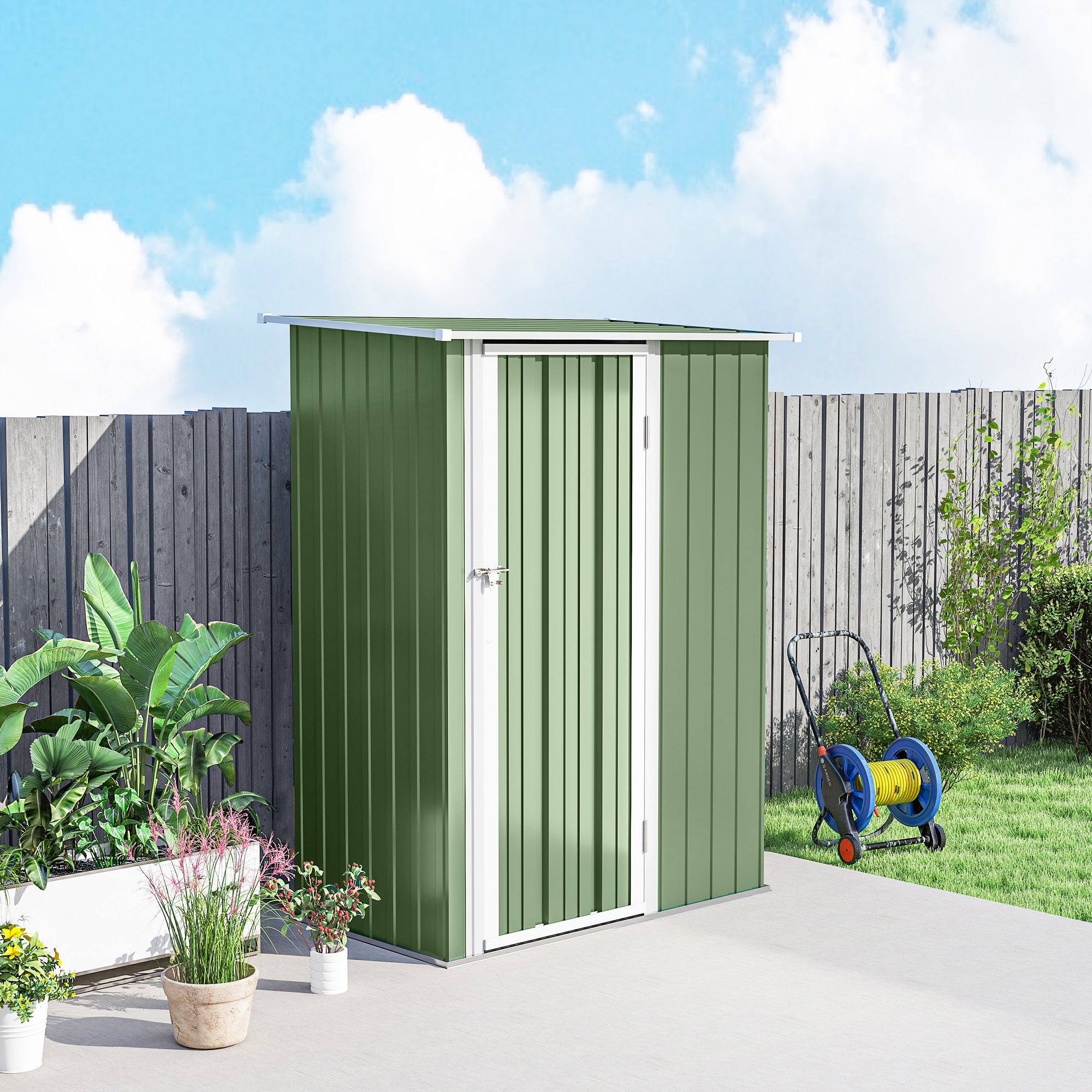 Outsunny 5ft x 3ft Garden Metal Storage Shed, Outdoor Tool Shed with Sloped Roof, Lockable Door for Tools, Equipment, Light Green