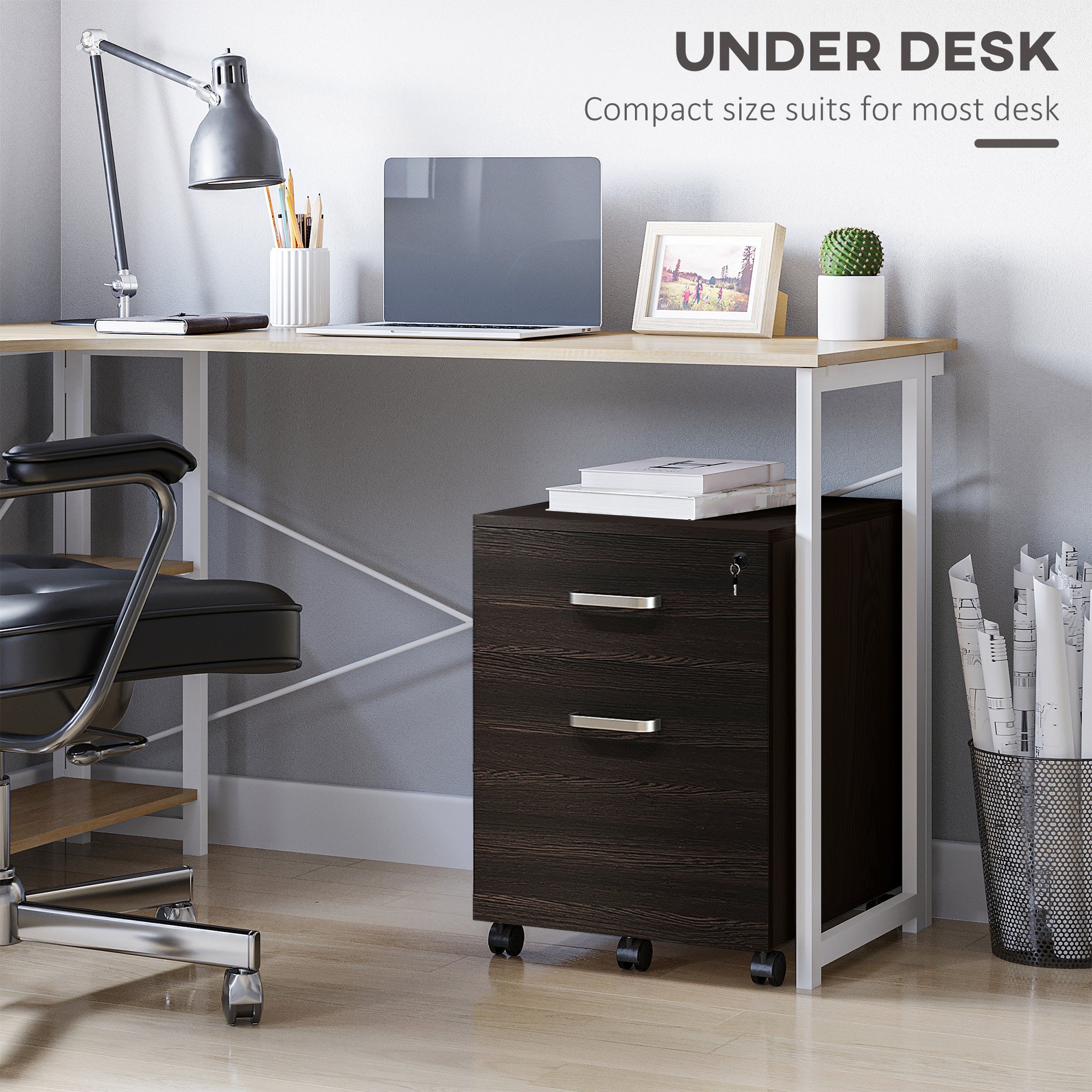 Vinsetto 2-Drawer Locking Office Filing Cabinet w/ 5 Wheels Rolling Storage Hanging Legal Letter Files Cupboard Home Organisation Black Wood Grain - North Peak Garden Furniture