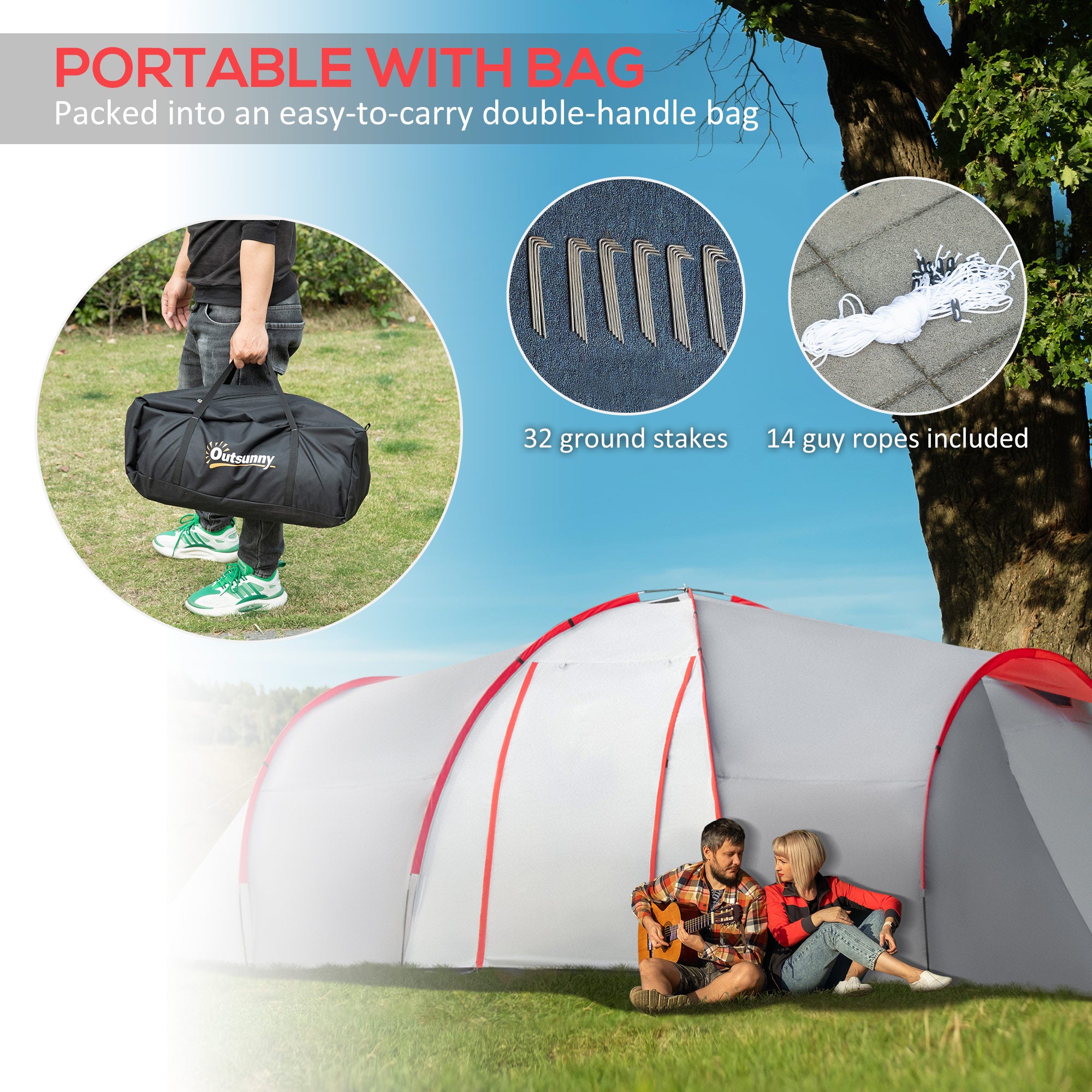 Outsunny Four-Man Tunnel Tent, with Two Bedrooms and Living Room - Grey/Red - North Peak Garden Furniture
