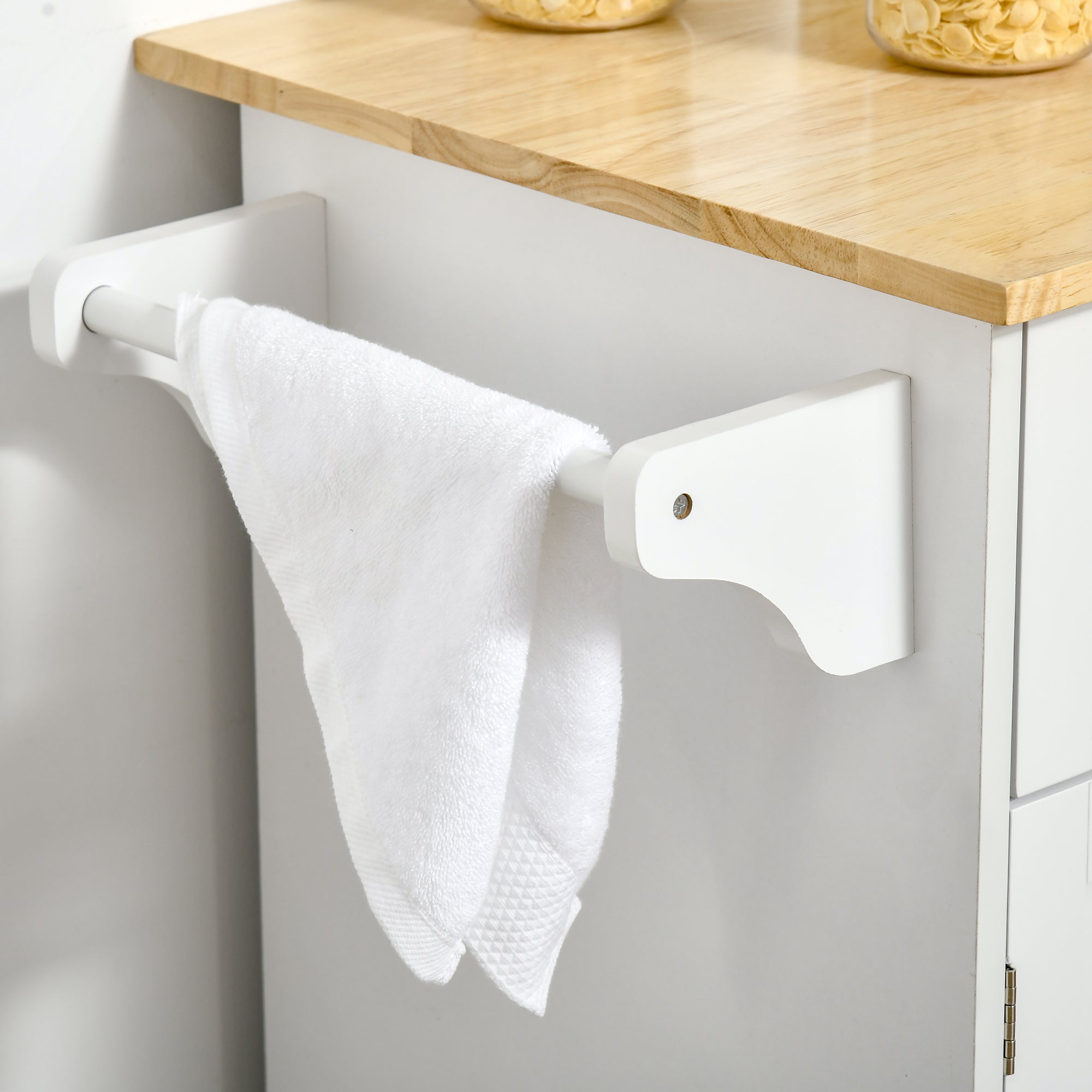 HOMCOM Modern Rolling Kitchen Island Storage Cart Utility Trolley with Rubberwood Top Two Drawers-White - North Peak Garden Furniture