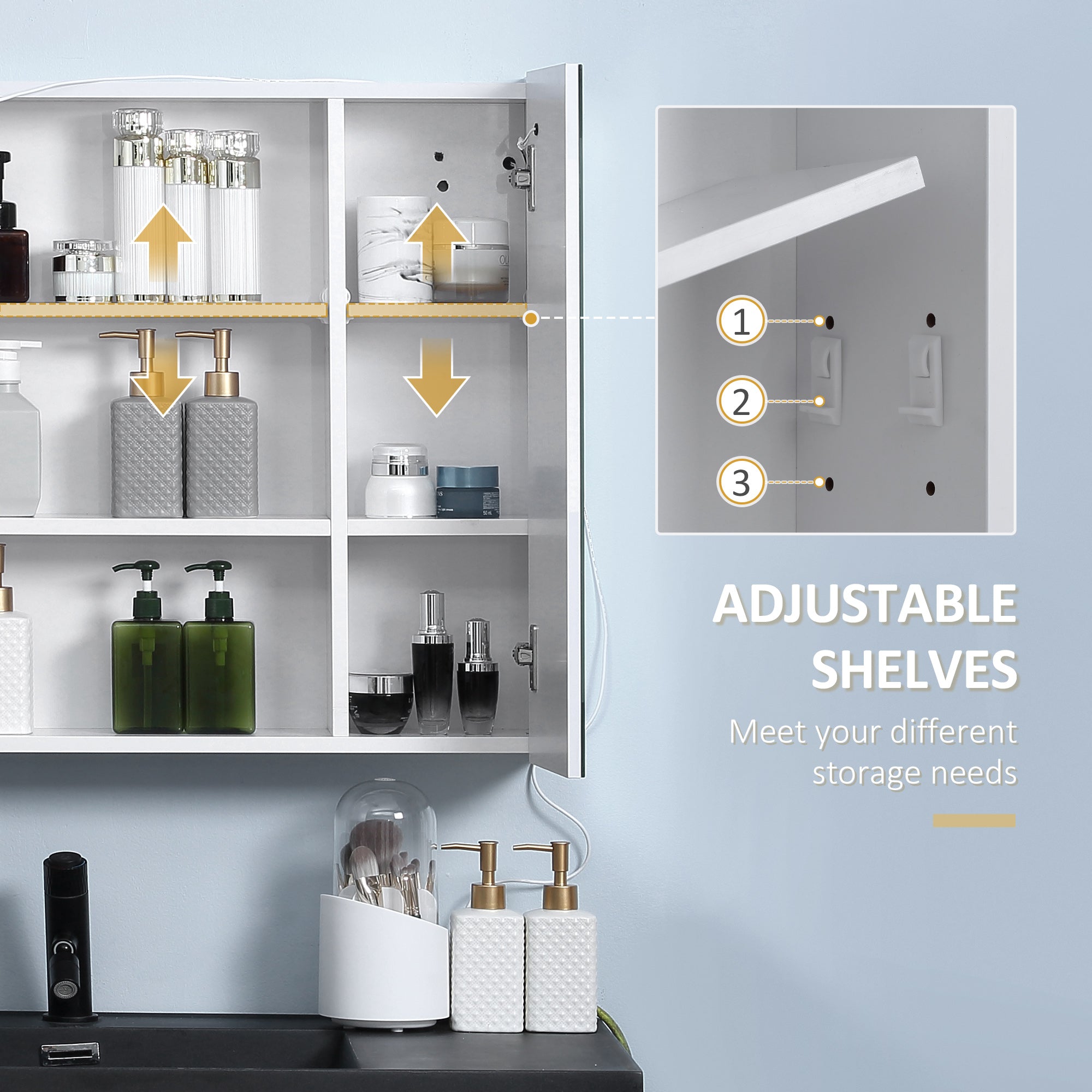 Illuminated Bathroom Mirror Cabinet 650 x 700Hmm LED Bathroom Mirror with Lights Touch Switch, Adjustable Shelf, USB Charge, White - North Peak Garden Furniture