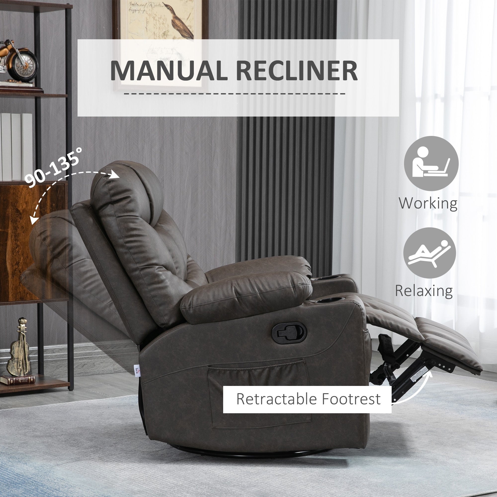 HOMCOM Manual Reclining Chair, Recliner Armchair with Faux Leather, Footrest, Cup Holders, 86x93x102cm, Brown - North Peak Garden Furniture