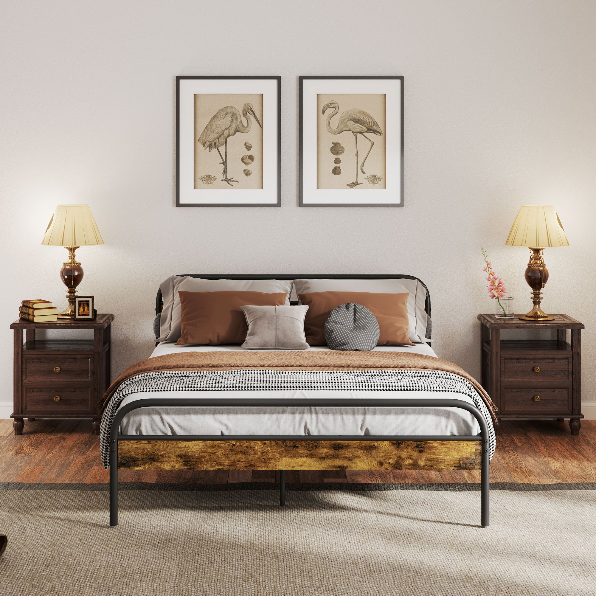 HOMCOM Industrial-Style King Bed Frame - Black/Brown - North Peak Garden Furniture