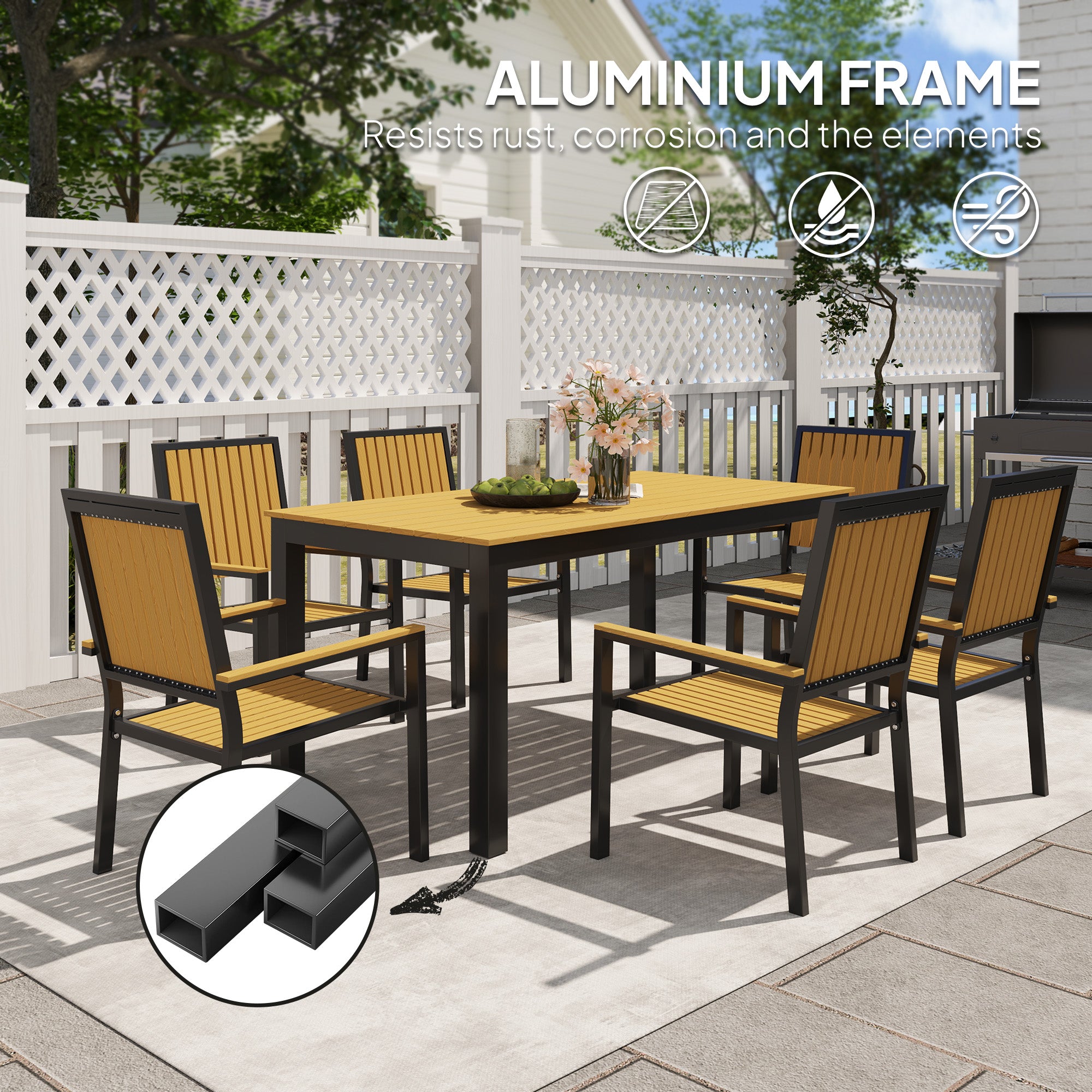 Outsunny 6 Seater Garden Dining Set with Stackable Chairs, Aluminium Frame, Rectangular Plastic Top, Garden Furniture Set, Outdoor Dining Table and Chairs for Patio, Balcony, Poolside, Nature Wood - North Peak Garden Furniture