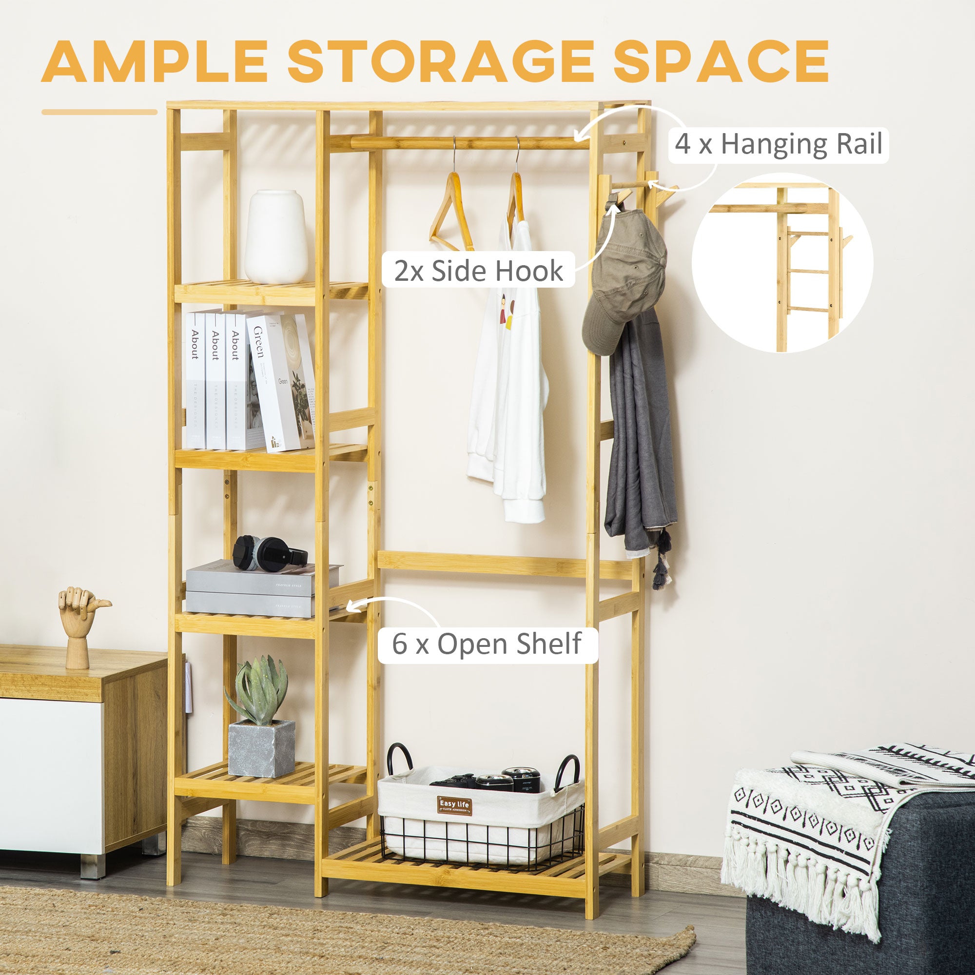 HOMCOM Bamboo Garment Rack, Clothes Rack with Storage Shelf, Hanging Rail and Side Hooks for Entryway, Bedroom, Bathroom and Office, Natural - North Peak Garden Furniture