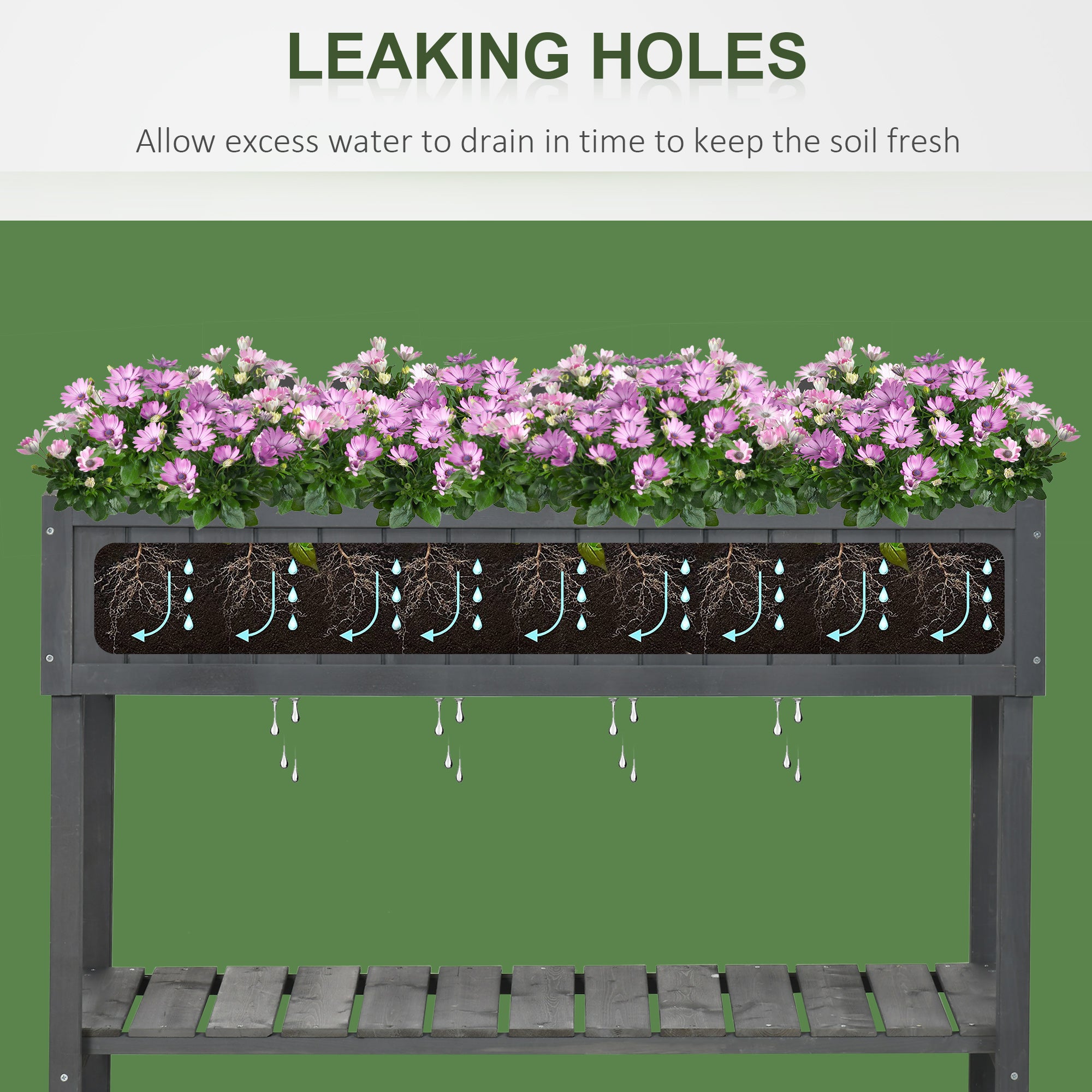 Outsunny Fir Wood Raised Rectangular 8 Compartment Plant Stand Dark Grey