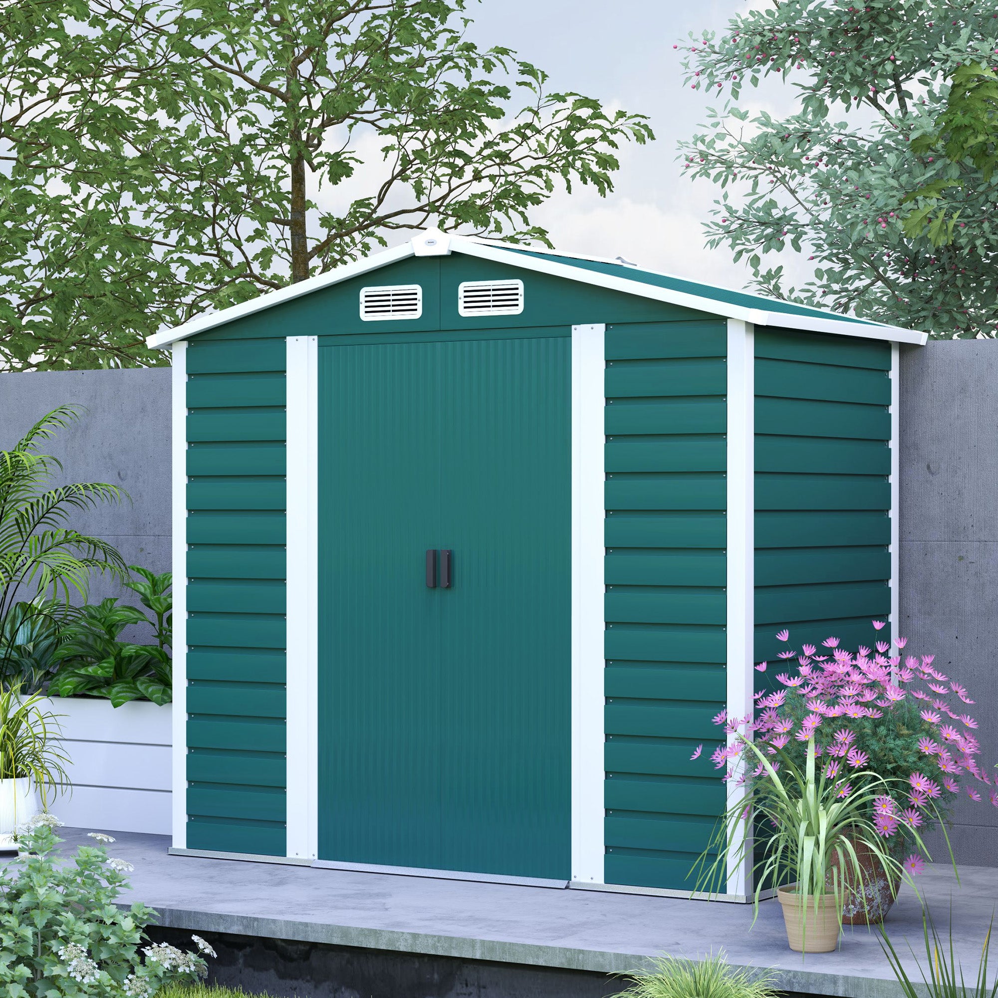 Outsunny 7 x 4ft Garden Shed, Easy to Assemble, Upgraded Galvanised Steel Frame with Foundation Kit, Double Doors with Lock, Outdoor Metal Shed with Vents and Gloves, Garden Storage Shed, Green - North Peak Garden Furniture