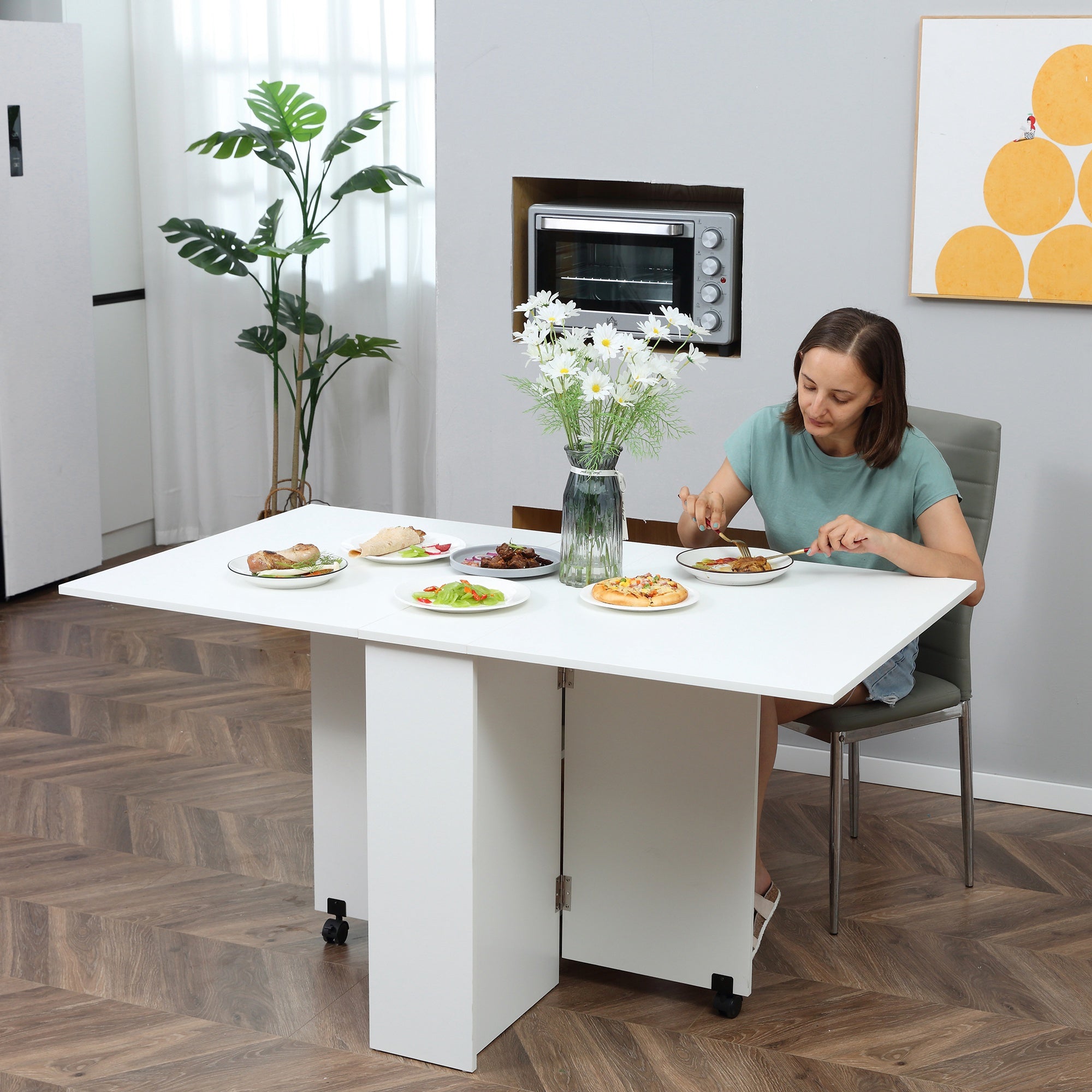 HOMCOM Folding Dining Table, Drop Leaf Table for Small Spaces with 2-tier Shelves, Small Kitchen Table with Rolling Casters, White - North Peak Garden Furniture