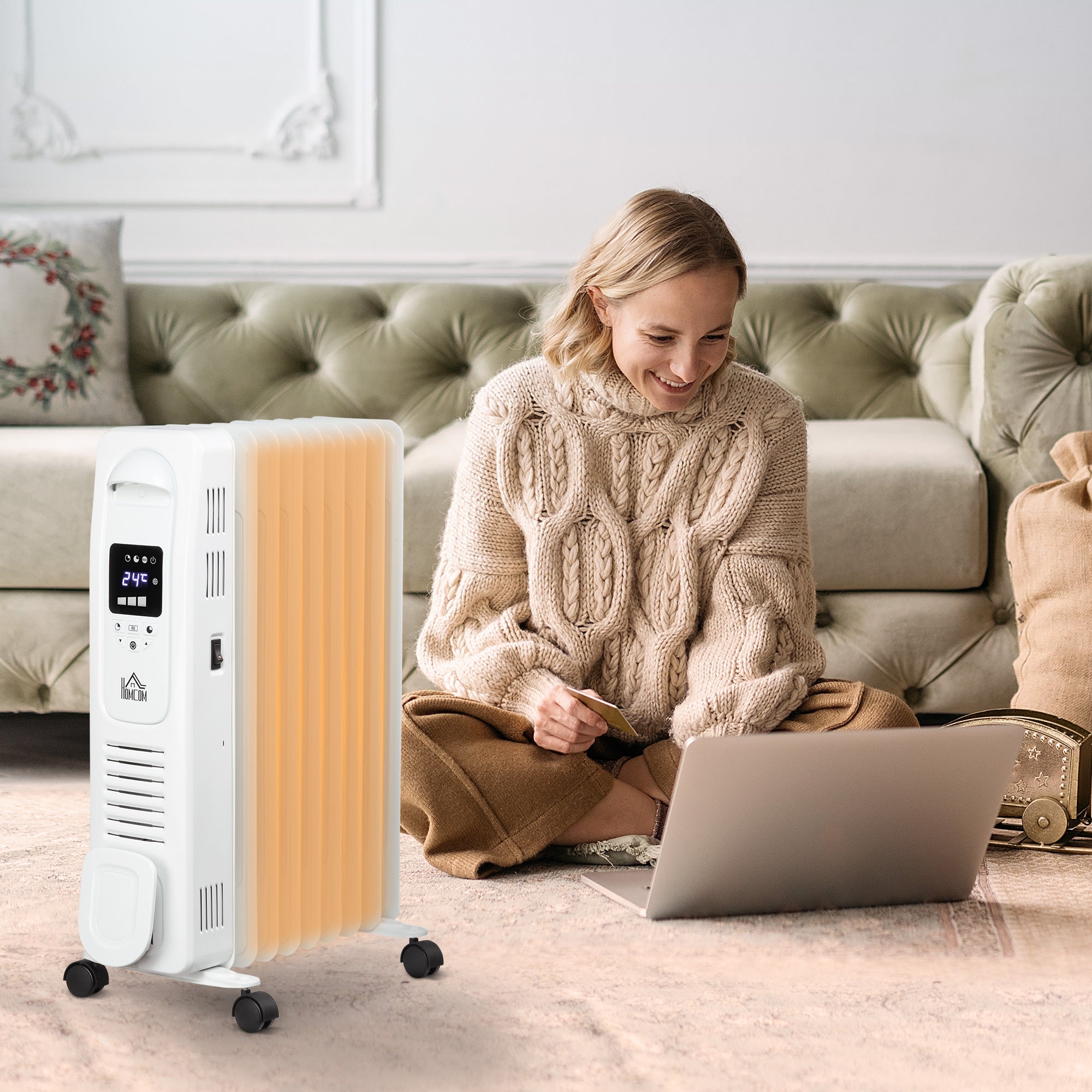 HOMCOM 2000W Digital Oil Filled Radiator, 9 Fin, Portable Electric Heater with LED Display, Timer, 3 Heat Settings, Safety Cut-Off and Remote Control, White - North Peak Garden Furniture