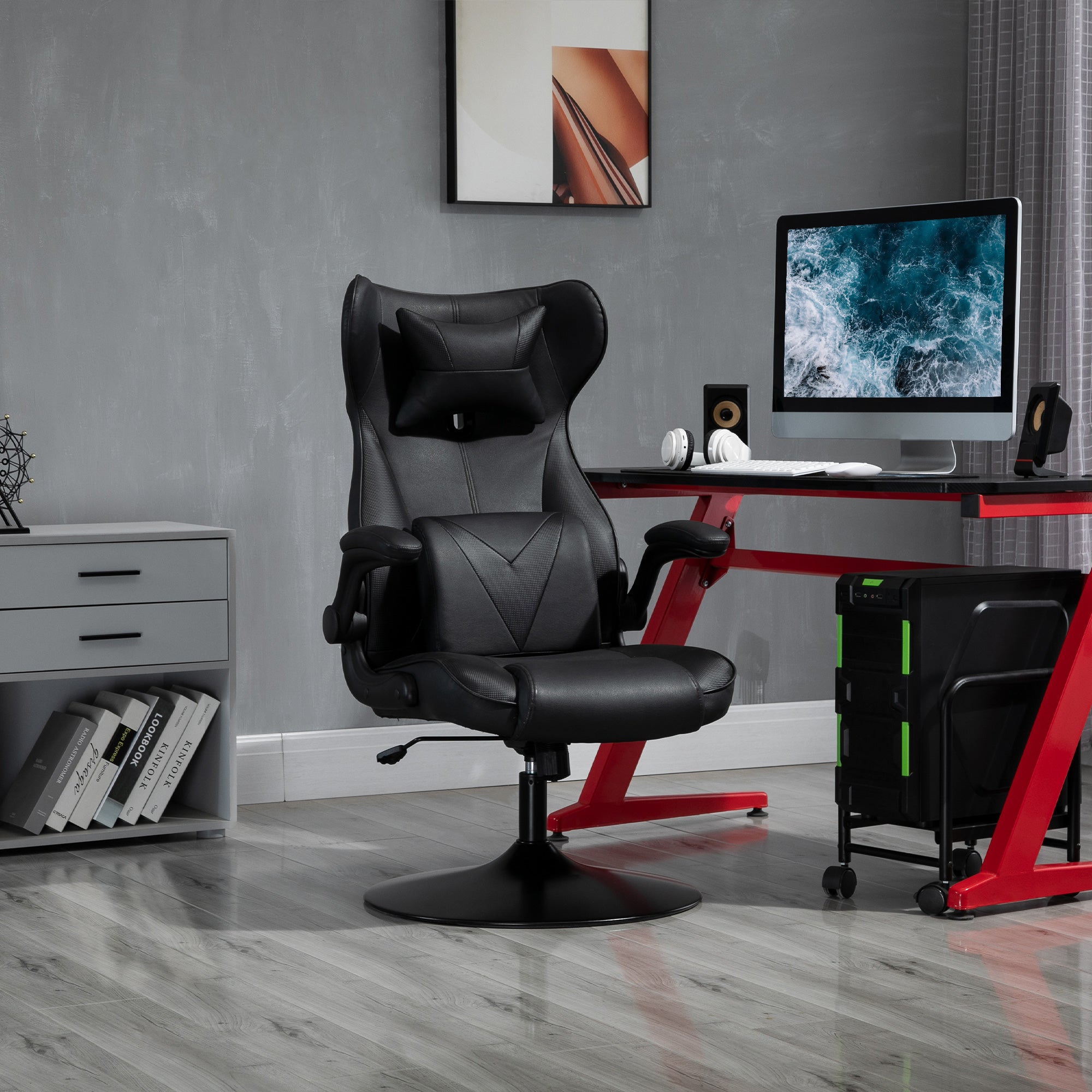 Vinsetto Video Game Chair with Lumbar Support, Racing Style Home Office Chair, Computer Chair with Swivel Base, Flip-up Armrest and Headrest, Black - North Peak Garden Furniture