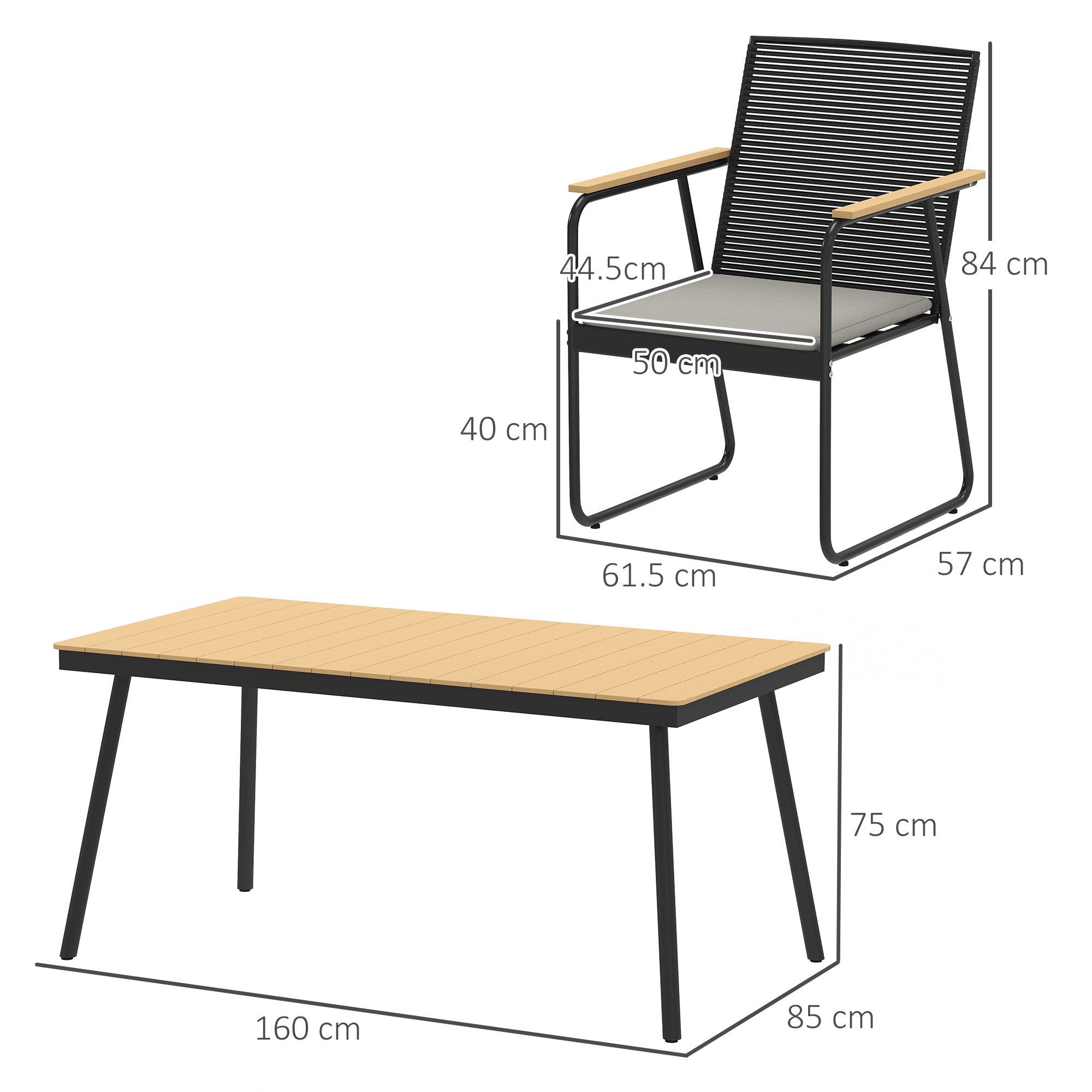 Outsunny 6 Seater Garden Dining Set with Soft Cushions, Rattan Backrest, Rectangular Plastic Top, Garden Furniture Set, Outdoor Dining Table and Chairs for Patio, Balcony, Poolside, Nature Wood Finish - North Peak Garden Furniture